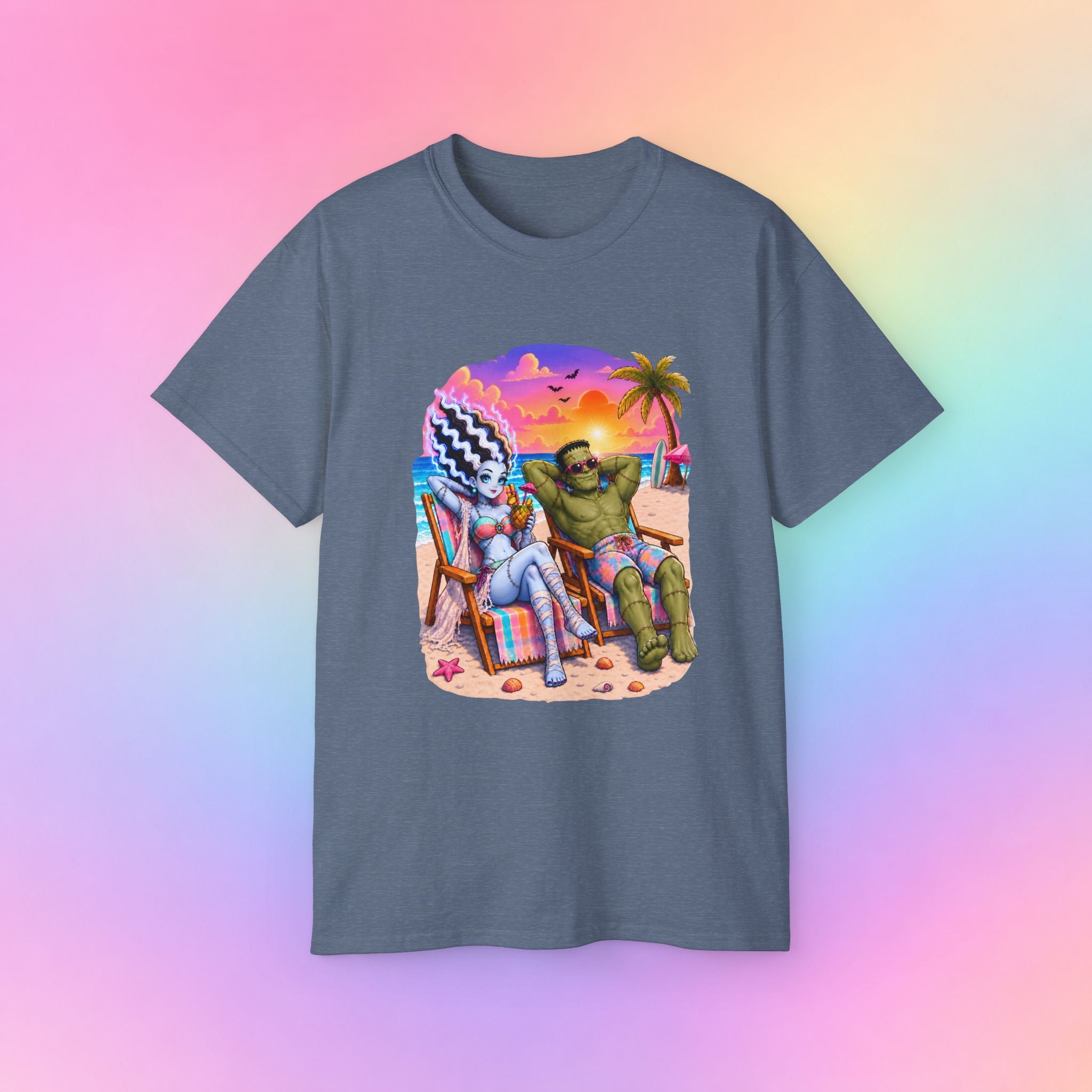 Summerween Monster Beach Couple Shirt | Spooky Summer Halloween Tropical Design