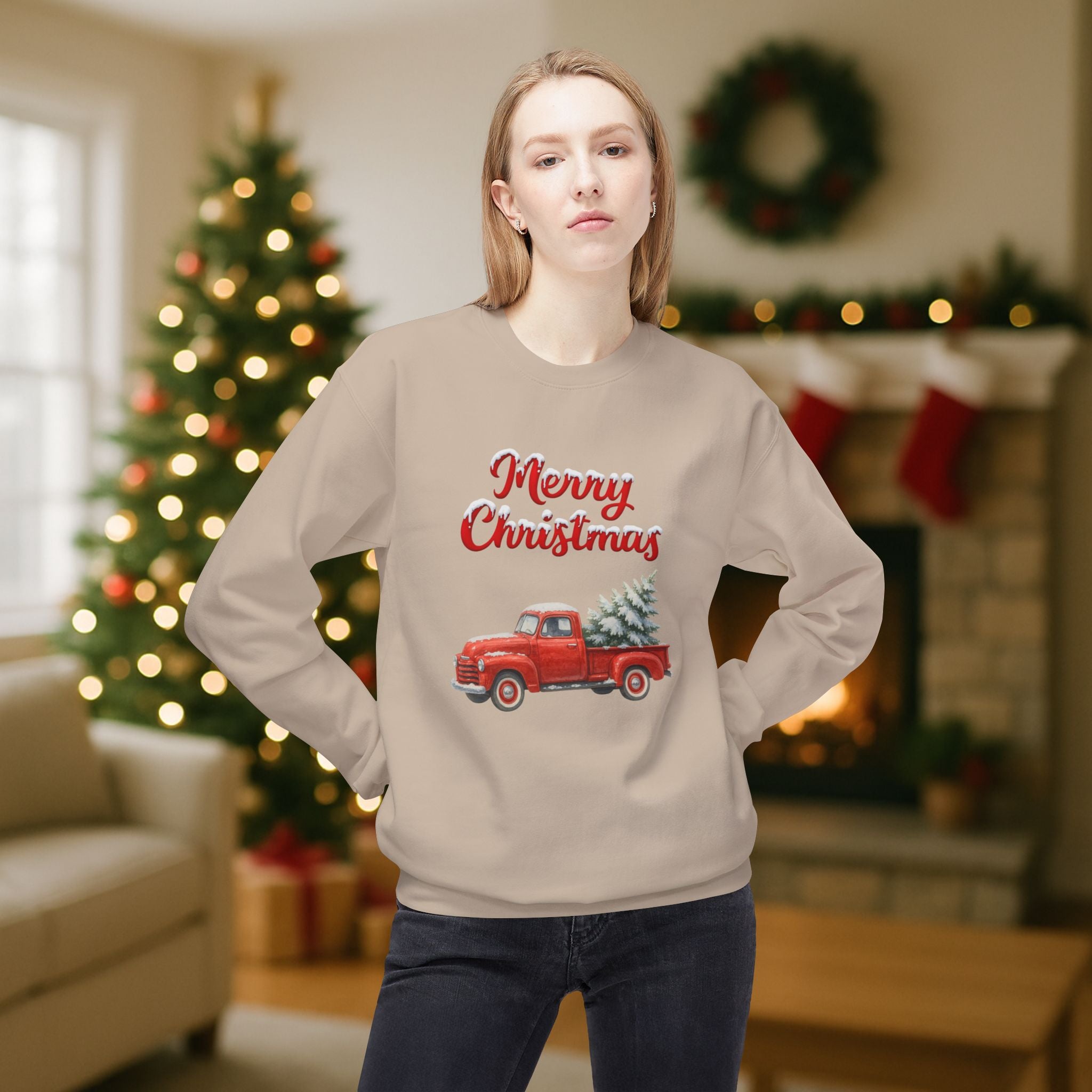 Merry Christmas Red Vintage Truck Sweatshirt – Cozy Holiday Crewneck with Christmas Tree Design