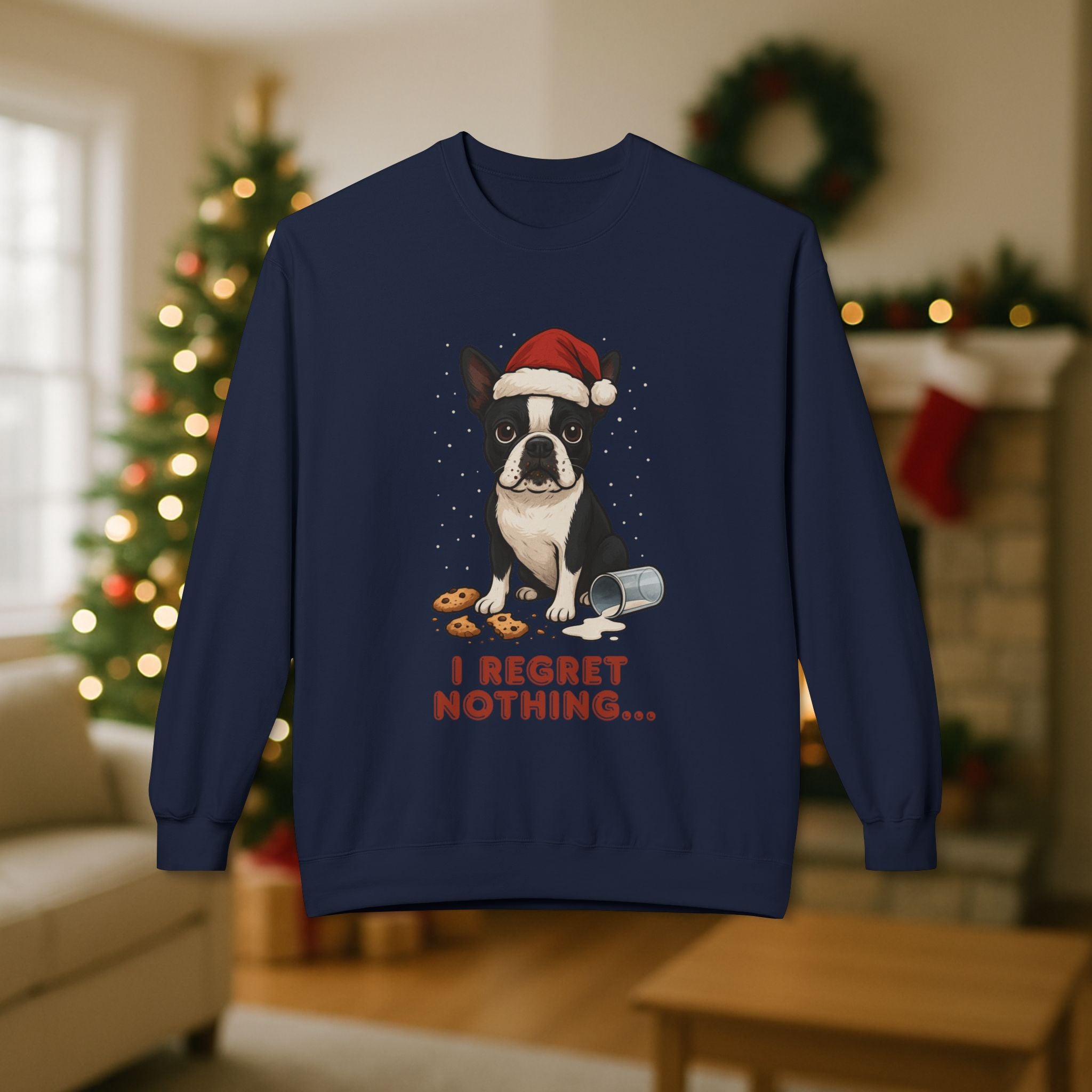 Boston Terrier “I Regret Nothing” Christmas Sweatshirt – Funny Holiday Dog Cookie Shirt