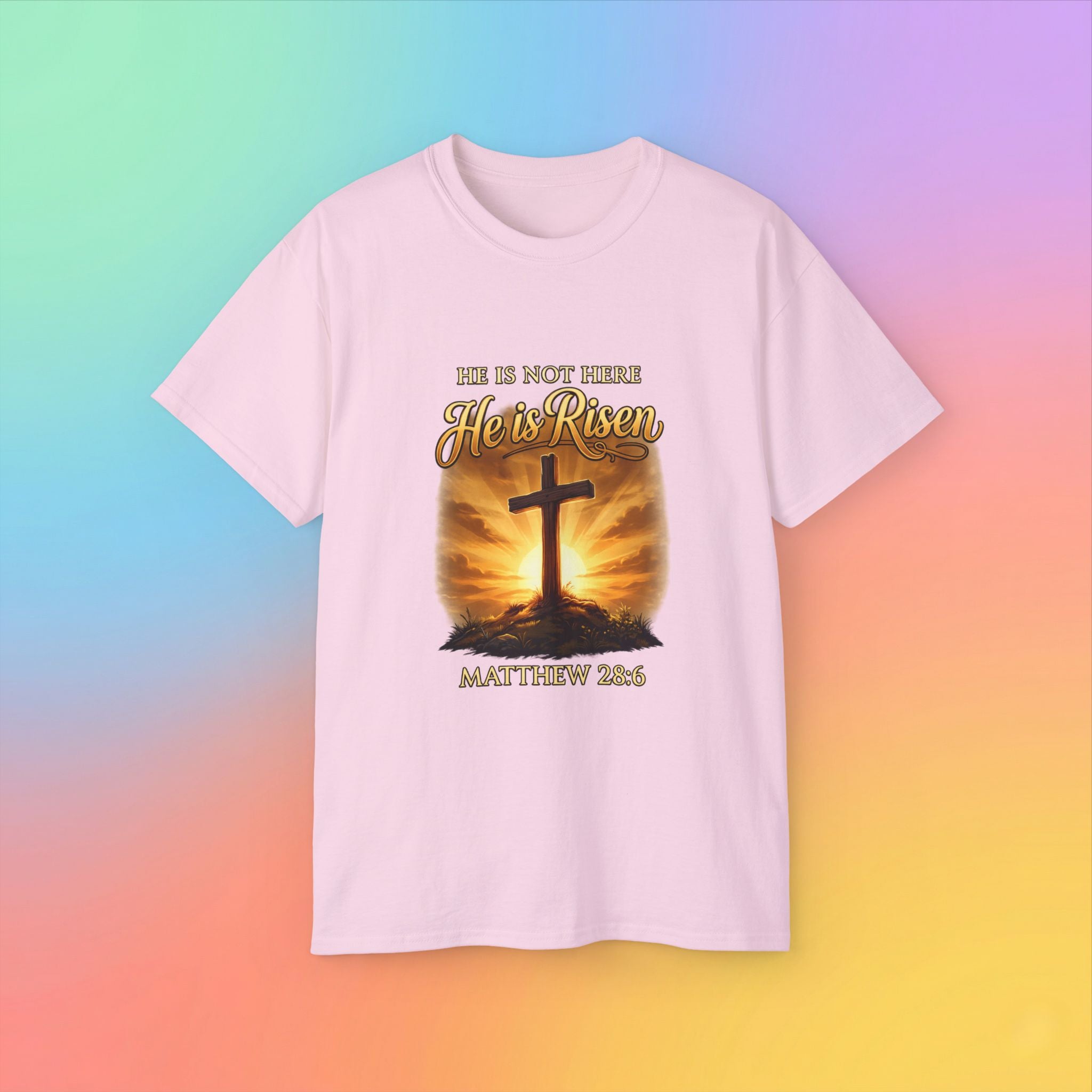 Christian Easter Shirt – He Is Risen Matthew 28:6 Cross Resurrection T-Shirt Faith-Based Easter Apparel