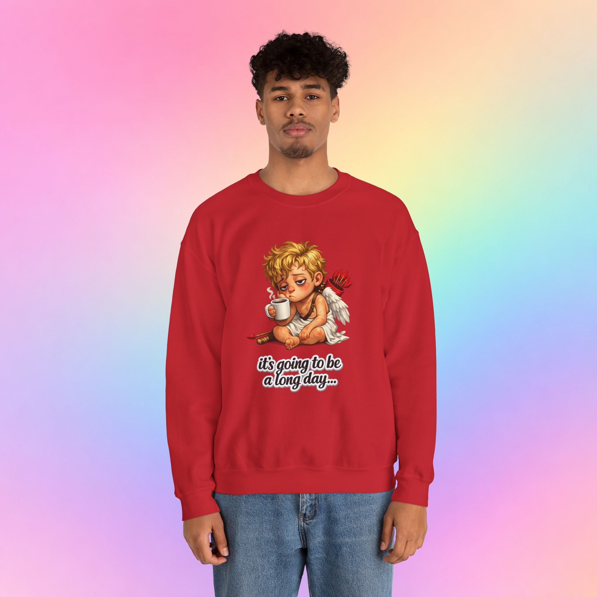 It’s Going to Be a Long Day Cupid Valentine’s Day Sweatshirt – Funny Coffee Angel Pullover