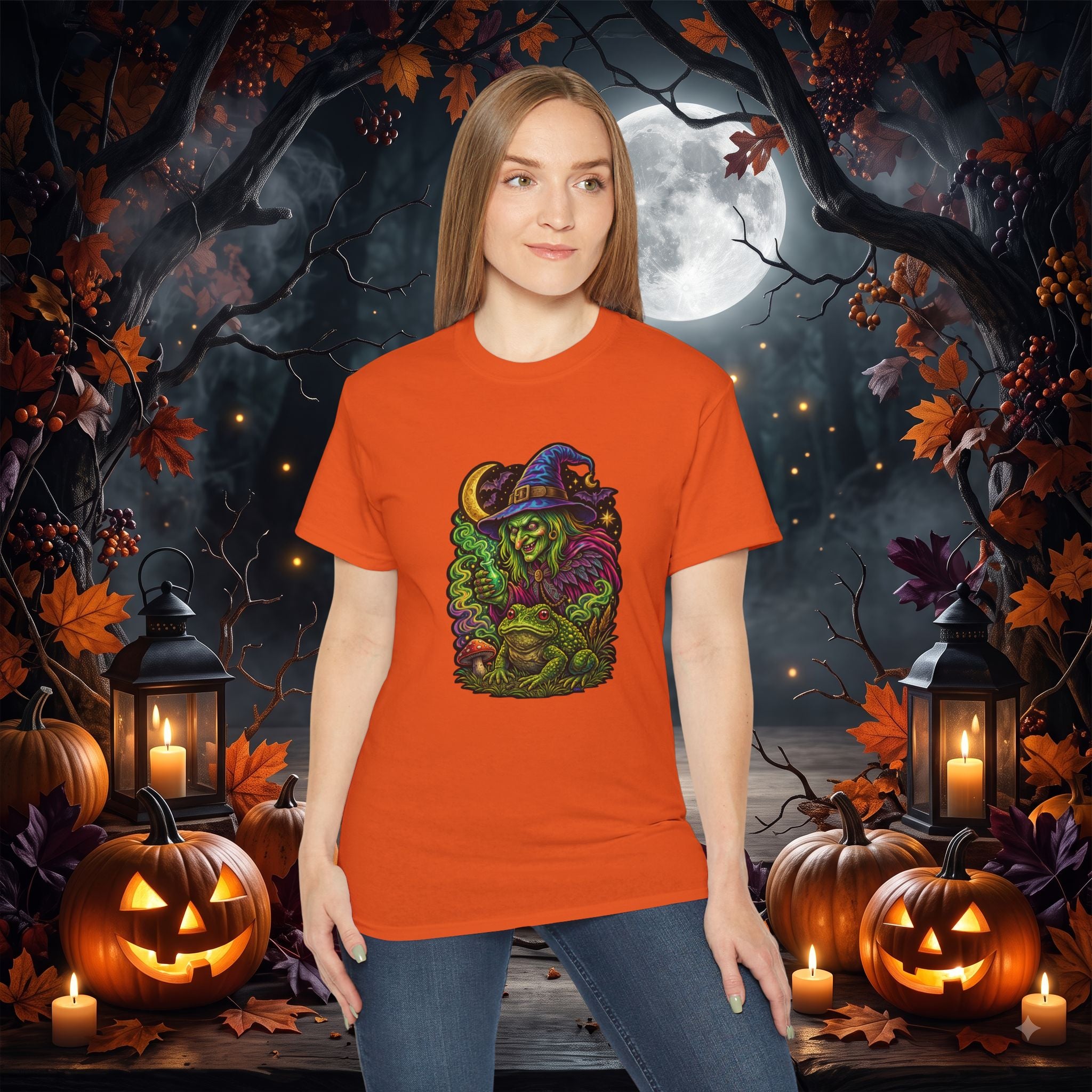 Neon Witch & Toad Halloween T-Shirt | Spooky Witchcraft Tee