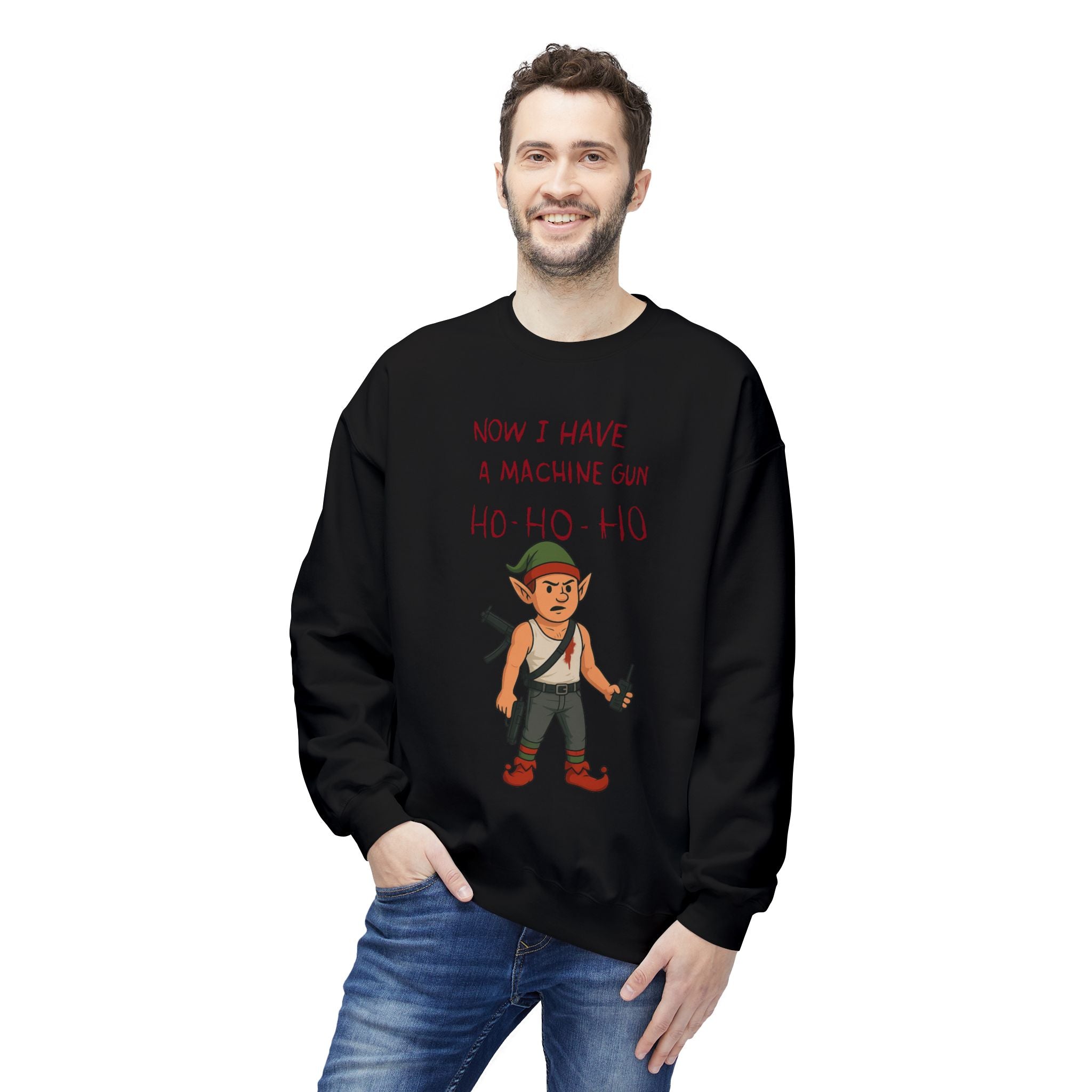 "Ho Ho Ho Machine Gun Elf Christmas Sweatshirt – Funny Die Hard Inspired Holiday Design"