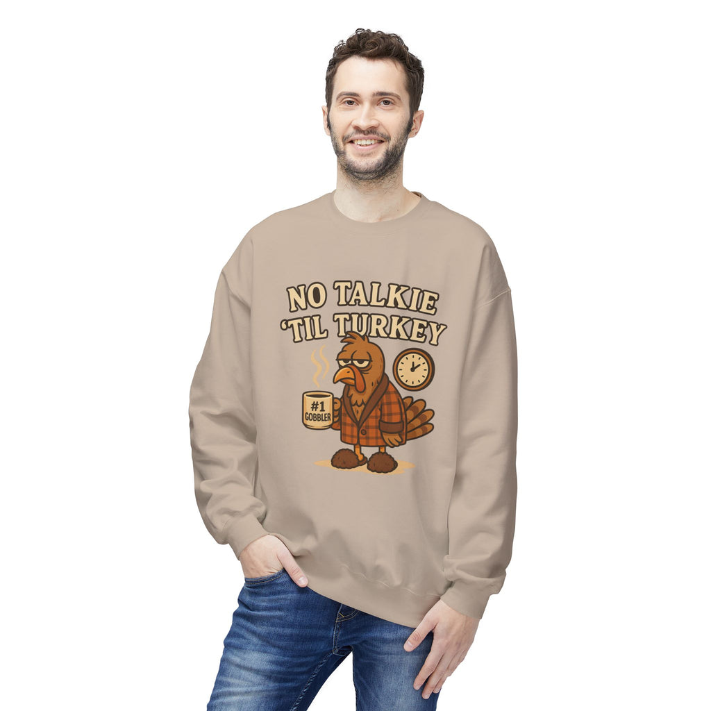 “No Talkie ‘Til Turkey” Funny Thanksgiving Coffee Sweatshirt