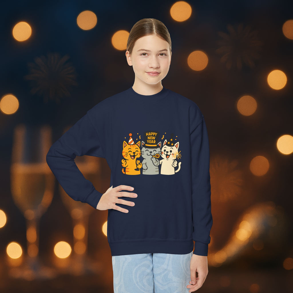 Happy New Year Cats Youth Crewneck Sweatshirt – Cute Party Cats Sweatshirt for Kids