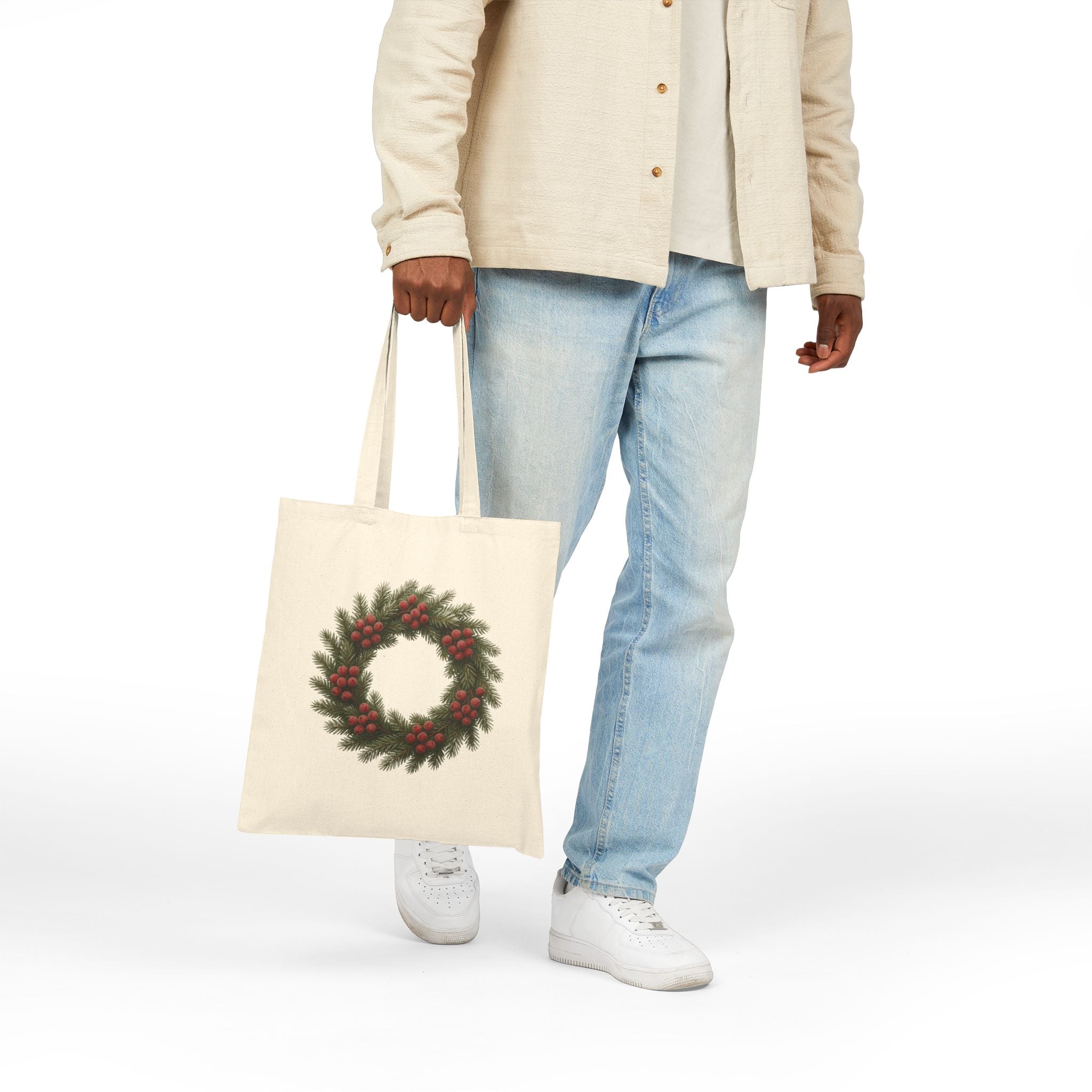 Eco-Friendly Christmas Wreath Canvas Tote Bag | Reusable Holiday Shopping & Gift Bag