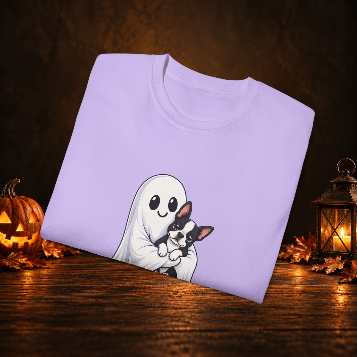 Cute Ghost & Boston Terrier Halloween T‑Shirt
