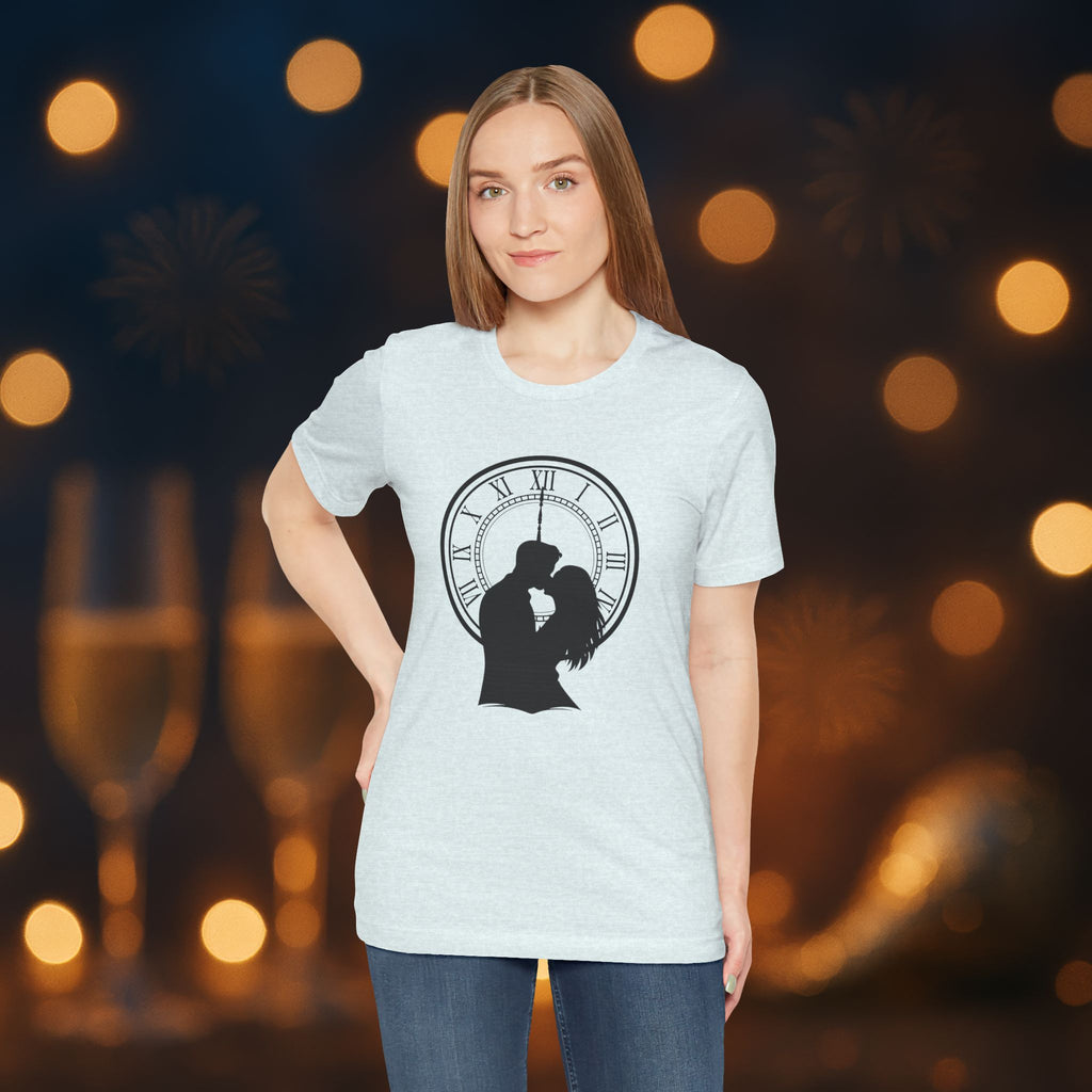Midnight Kiss New Year’s Eve T-Shirt – Romantic Clock Silhouette Celebration Tee