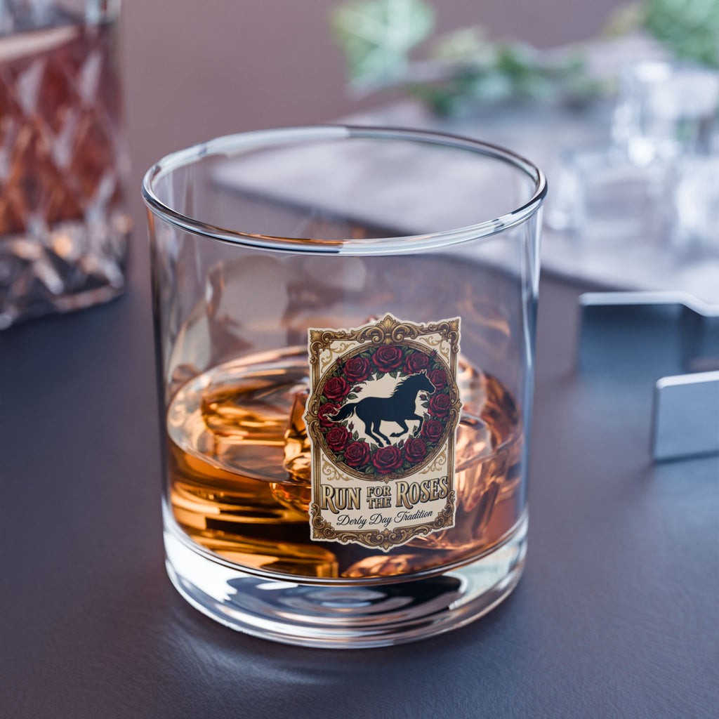 Run for the Roses Rocks Glass 10oz, Derby Day Bourbon Glass, Vintage Horse Whiskey Glass