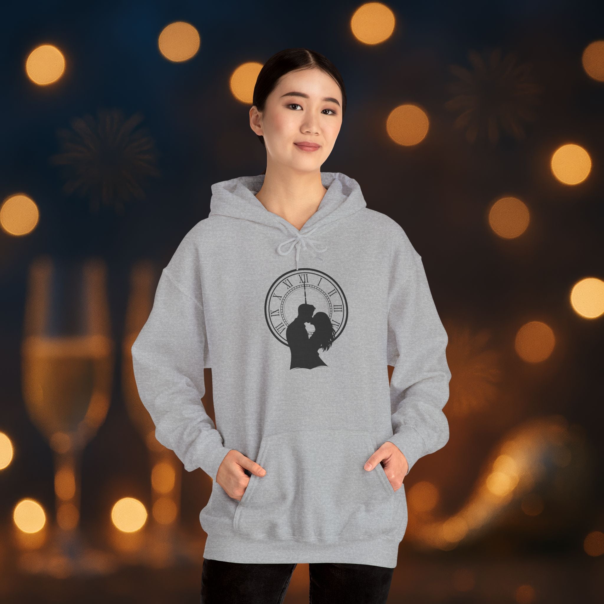 Midnight Kiss New Year’s Eve Hoodie – Romantic Clock Silhouette Pullover