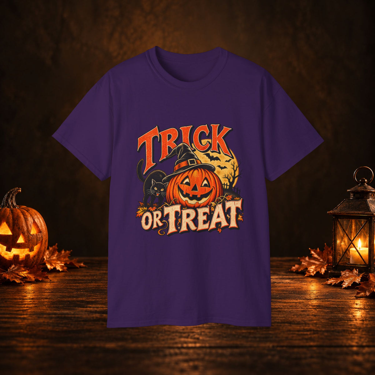 Trick or Treat Halloween T-Shirt – Pumpkin, Black Cat & Full Moon Tee
