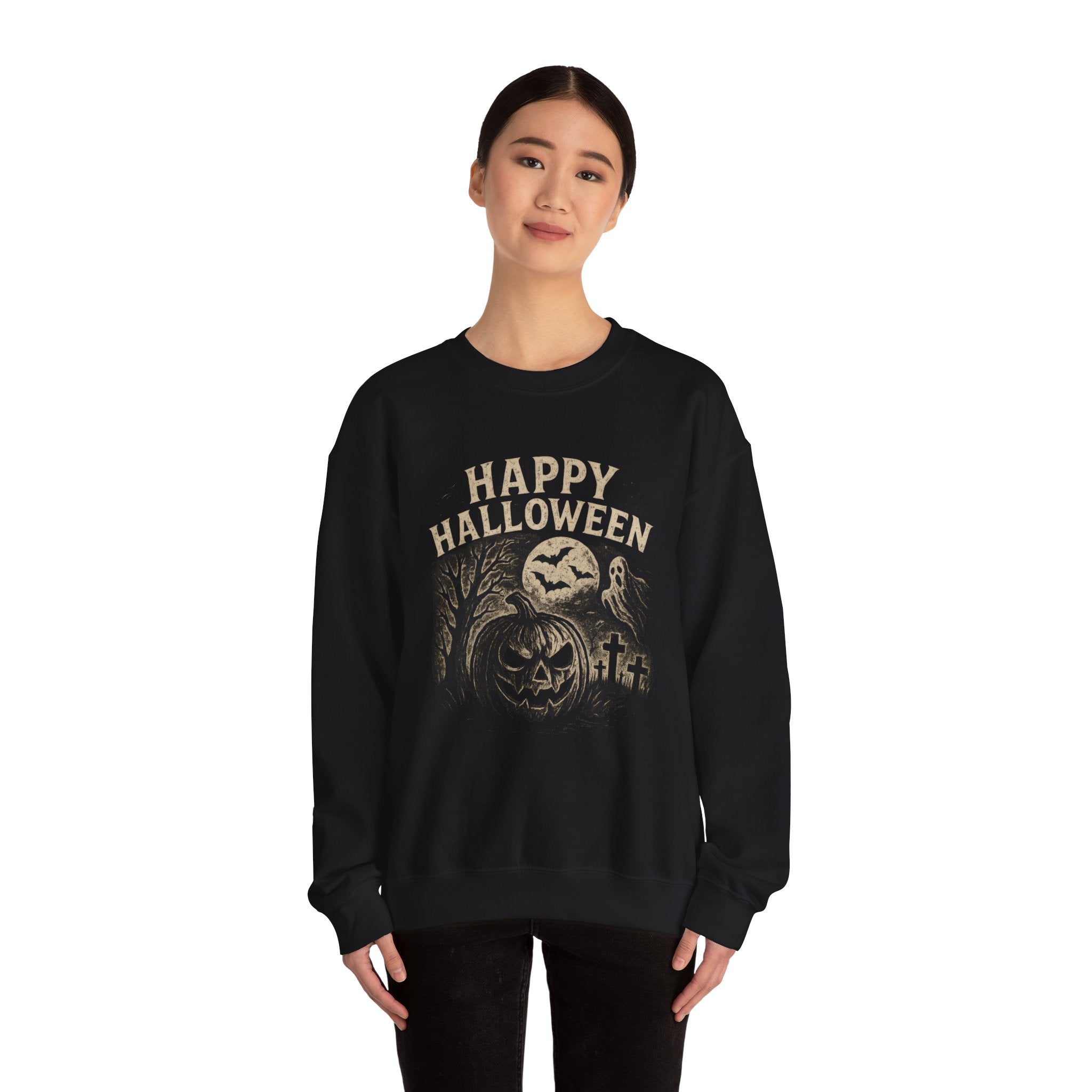 Vintage Happy Halloween Sweatshirt – Spooky Pumpkin, Ghost & Bat Design