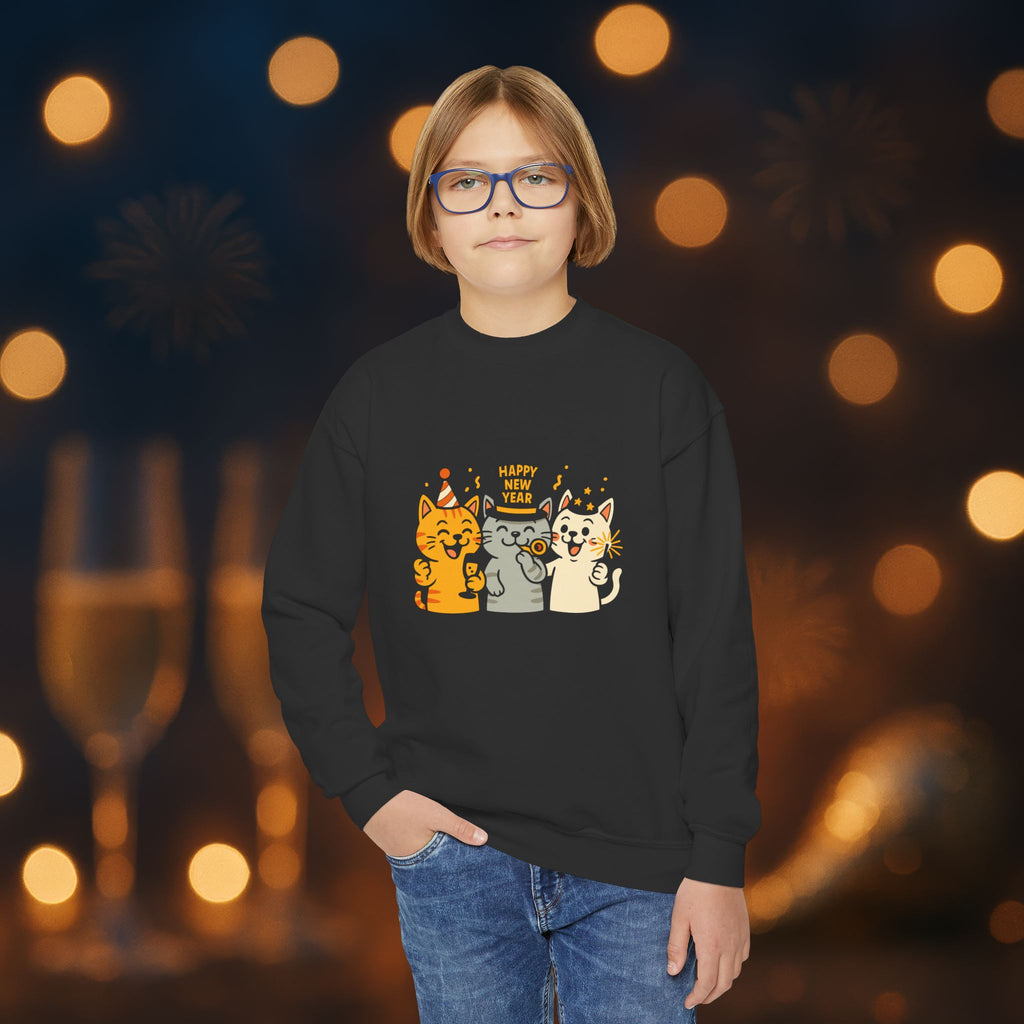 Happy New Year Cats Youth Crewneck Sweatshirt – Cute Party Cats Sweatshirt for Kids
