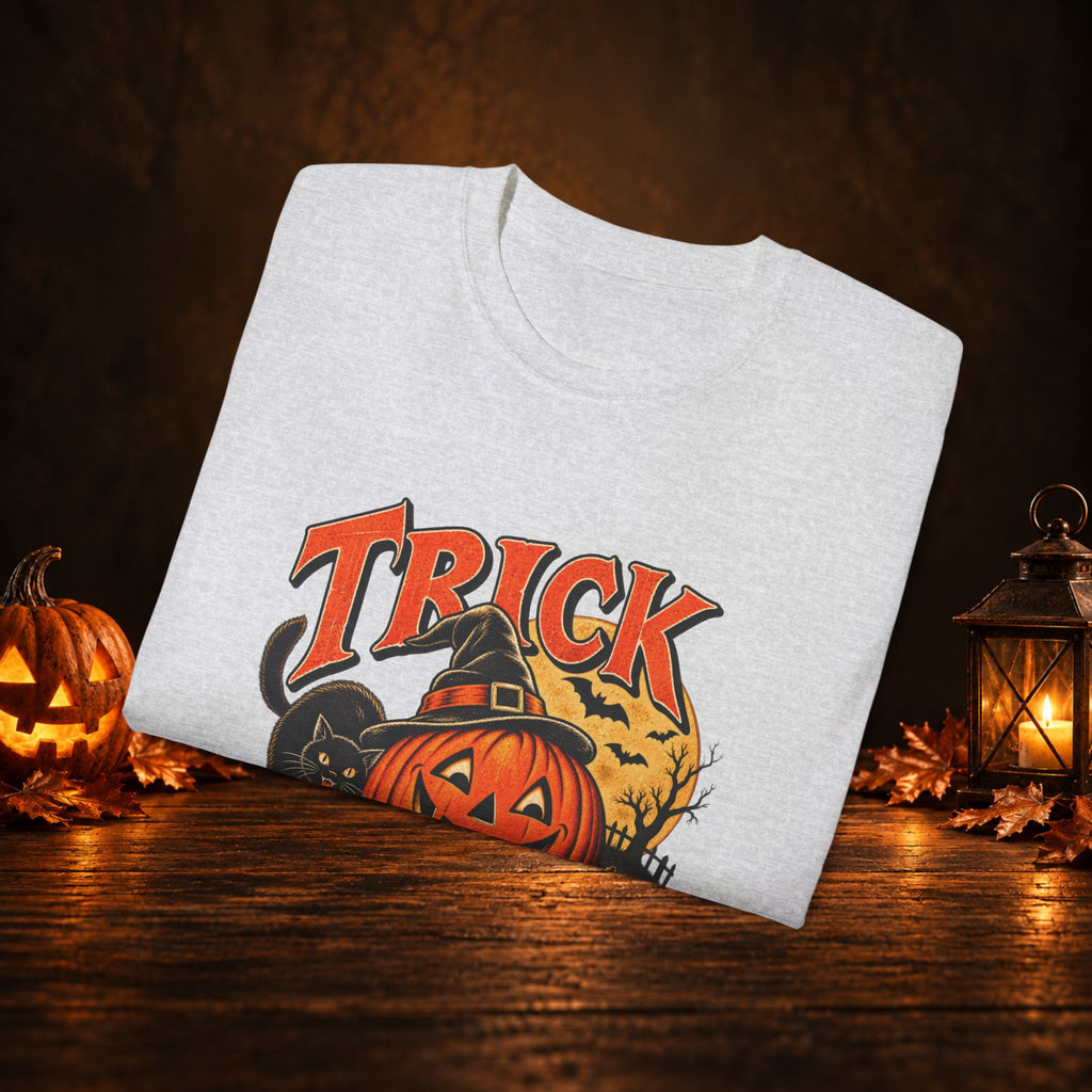 Trick or Treat Halloween T-Shirt – Pumpkin, Black Cat & Full Moon Tee