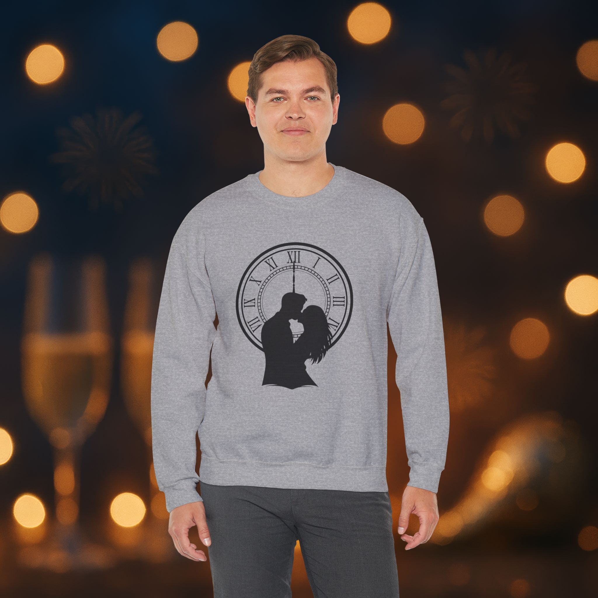 Midnight Kiss New Year’s Eve Sweatshirt – Romantic Clock Silhouette Celebration Crewneck