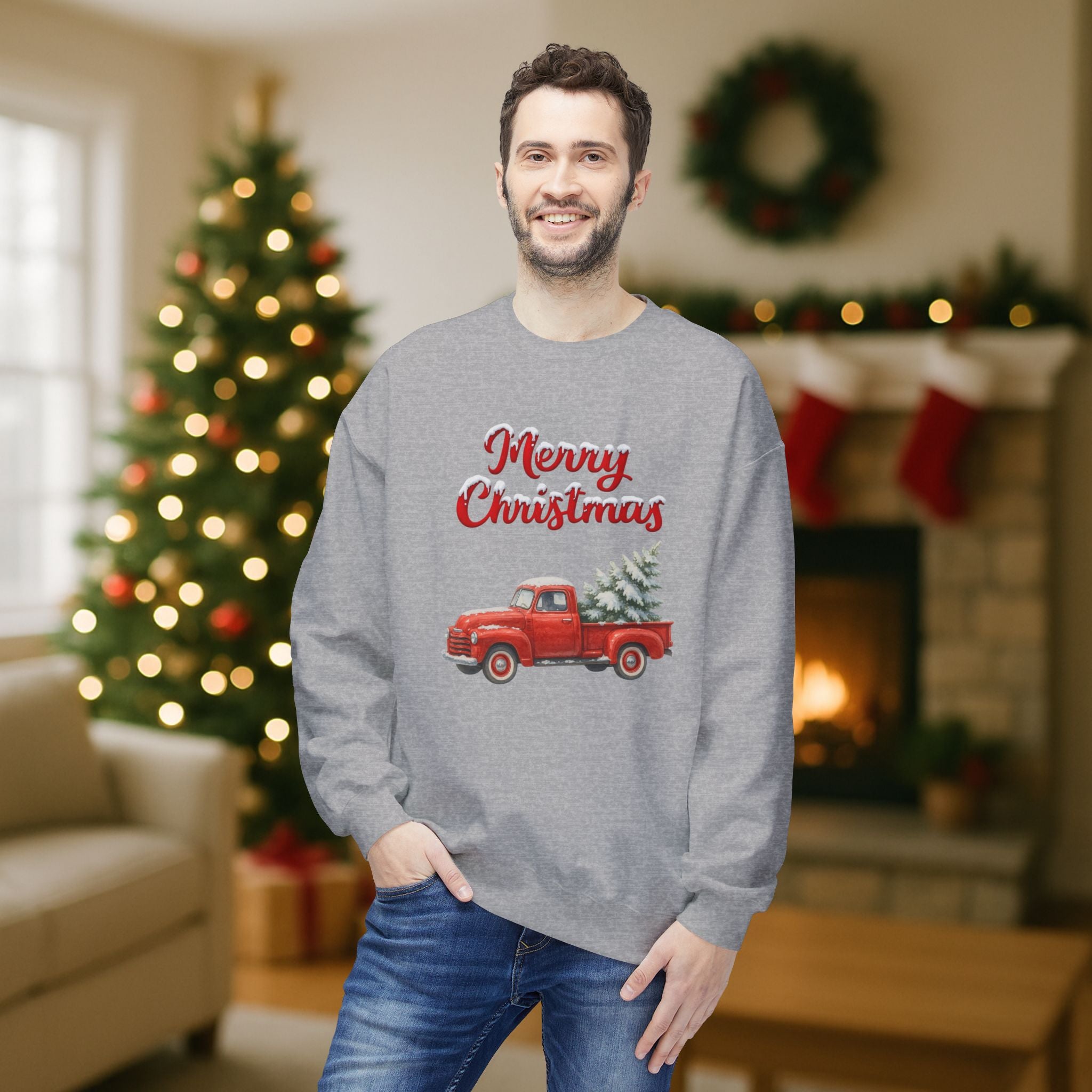 Merry Christmas Red Vintage Truck Sweatshirt – Cozy Holiday Crewneck with Christmas Tree Design