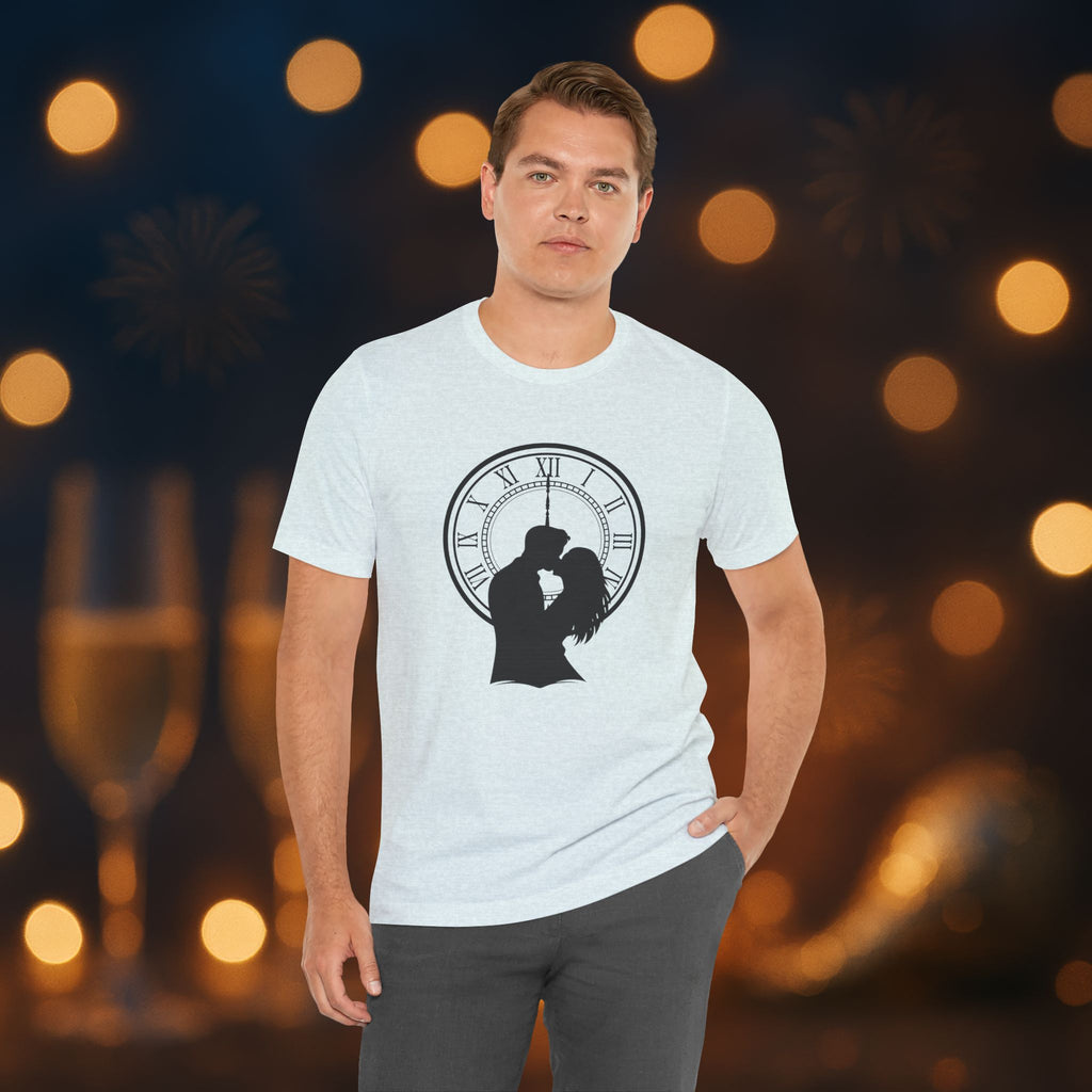 Midnight Kiss New Year’s Eve T-Shirt – Romantic Clock Silhouette Celebration Tee