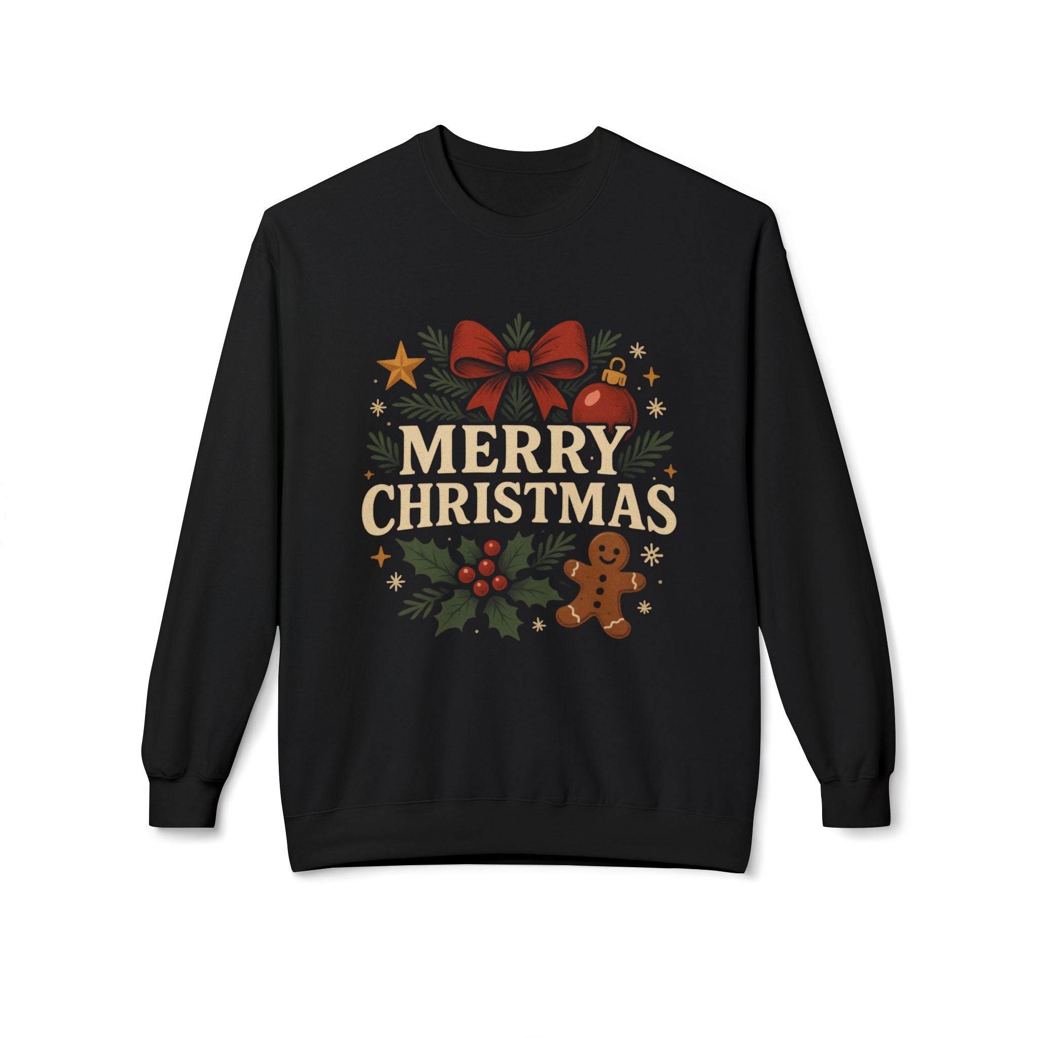 Classic Merry Christmas Sweatshirt – Cozy Holiday Gingerbread & Holly Design