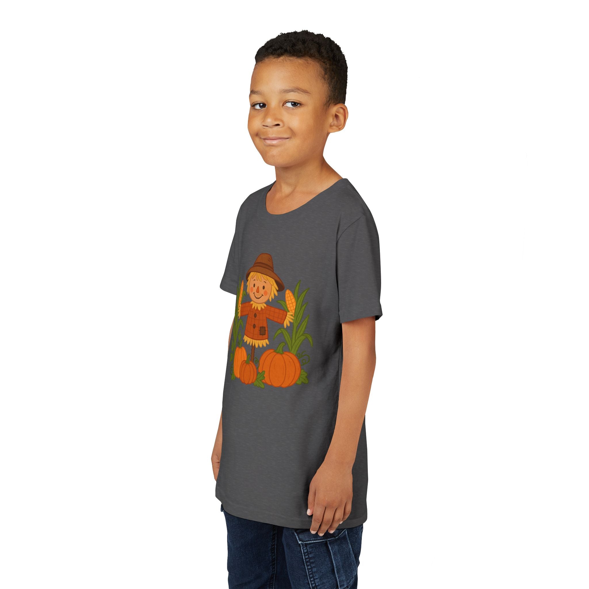 🍂 Cute Fall Scarecrow Kids T-Shirt – Autumn Pumpkins & Corn Patch Design