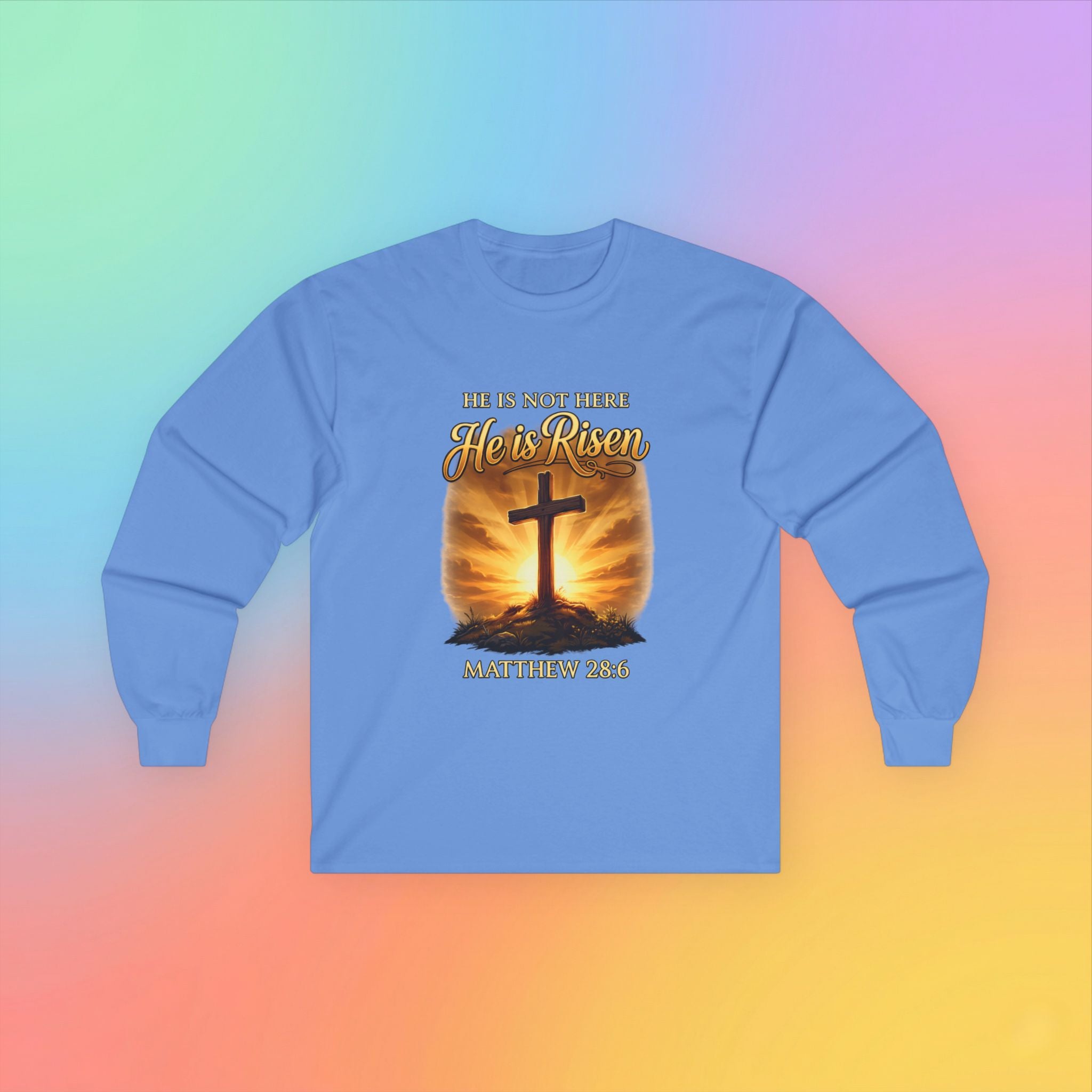 He Is Risen Long Sleeve Tee – Matthew 28:6 Christian Easter Shirt Religious Cross Resurrection Spring Faith Apparel