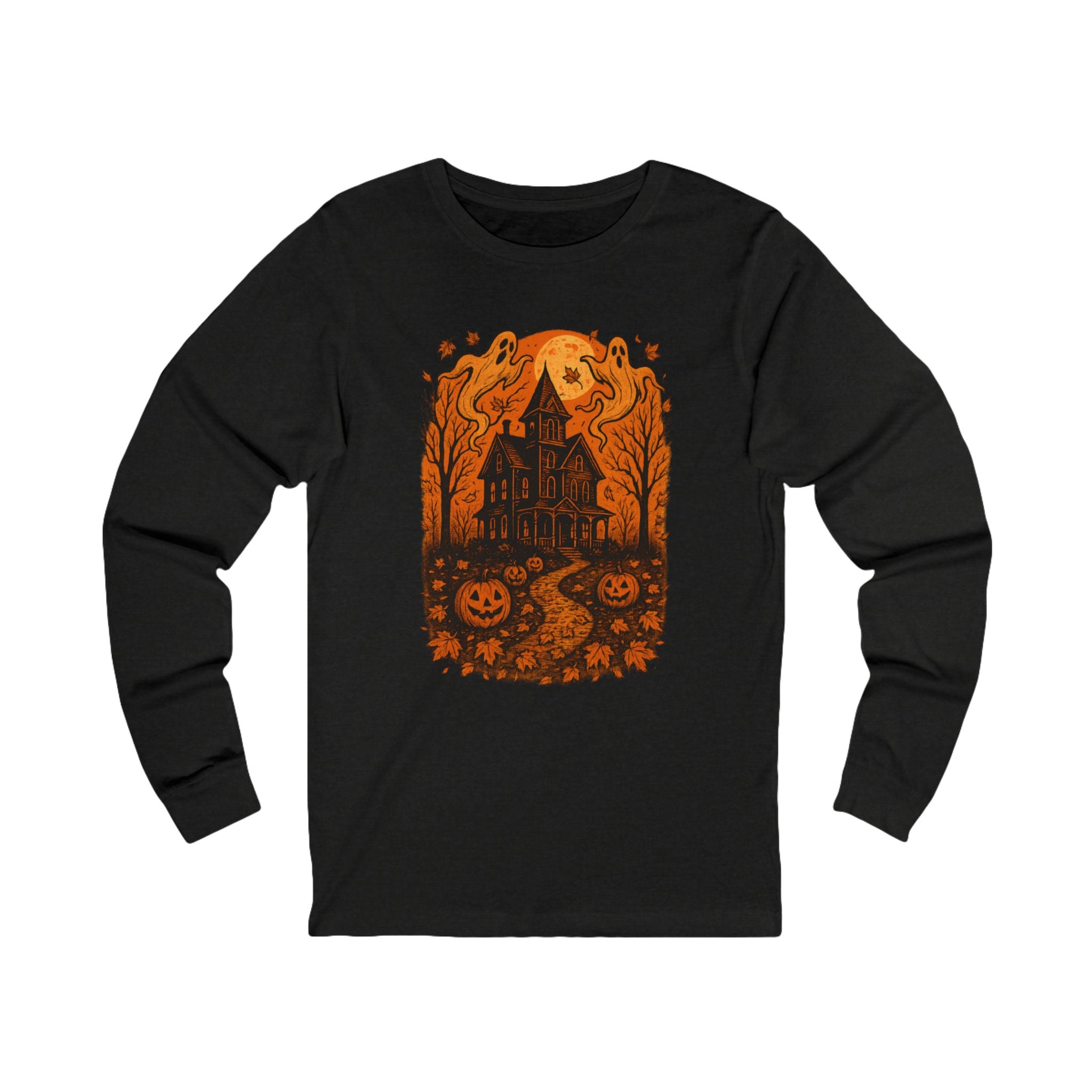 Vintage Haunted House Halloween Long Sleeve Shirt – Ghosts, Pumpkins & Fall Vibes