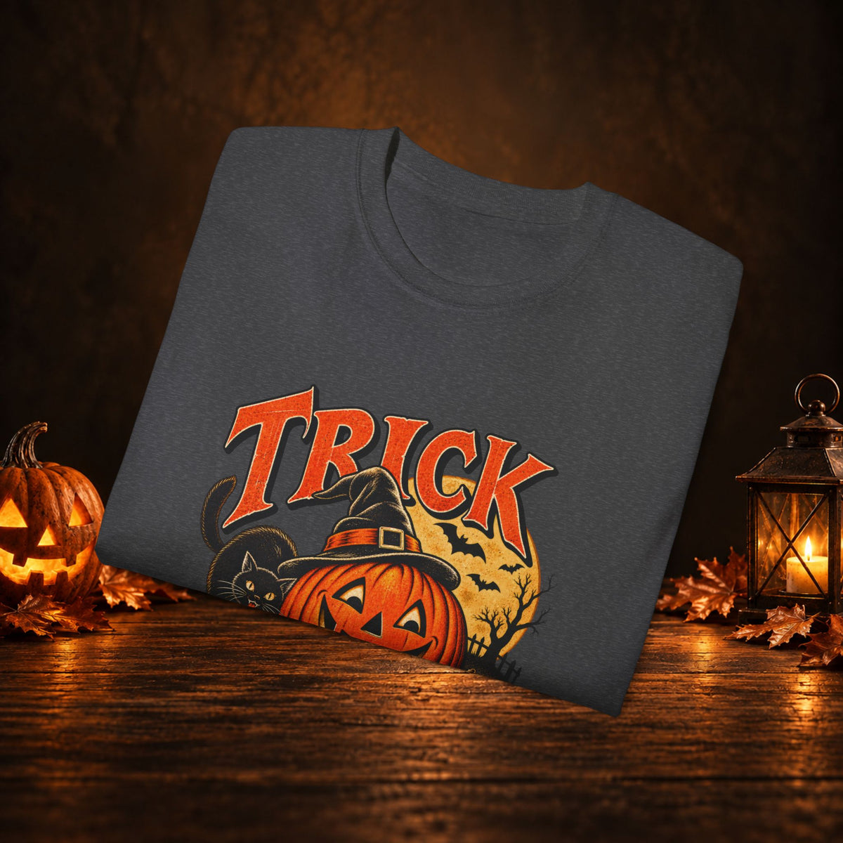 Trick or Treat Halloween T-Shirt – Pumpkin, Black Cat & Full Moon Tee