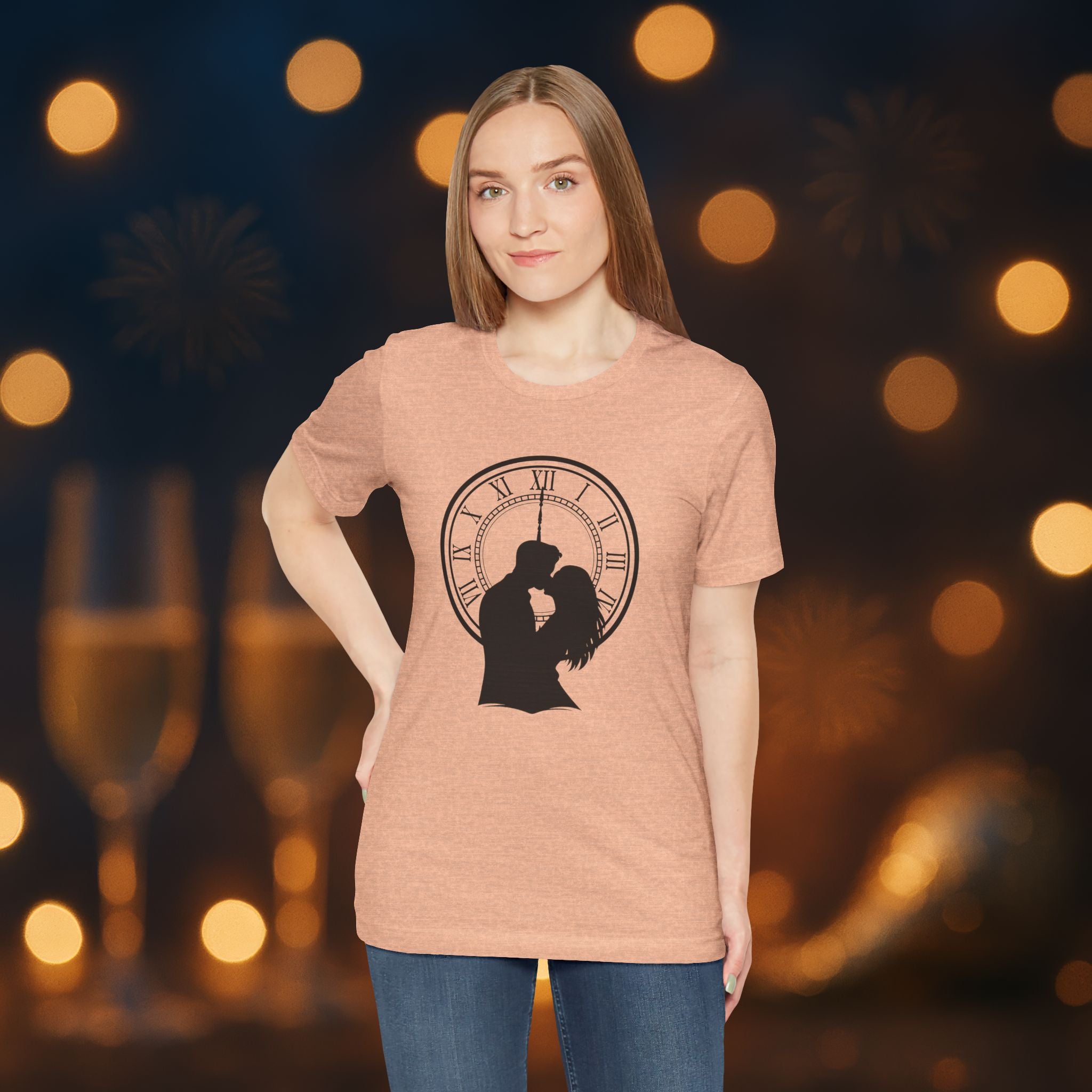 Midnight Kiss New Year’s Eve T-Shirt – Romantic Clock Silhouette Celebration Tee