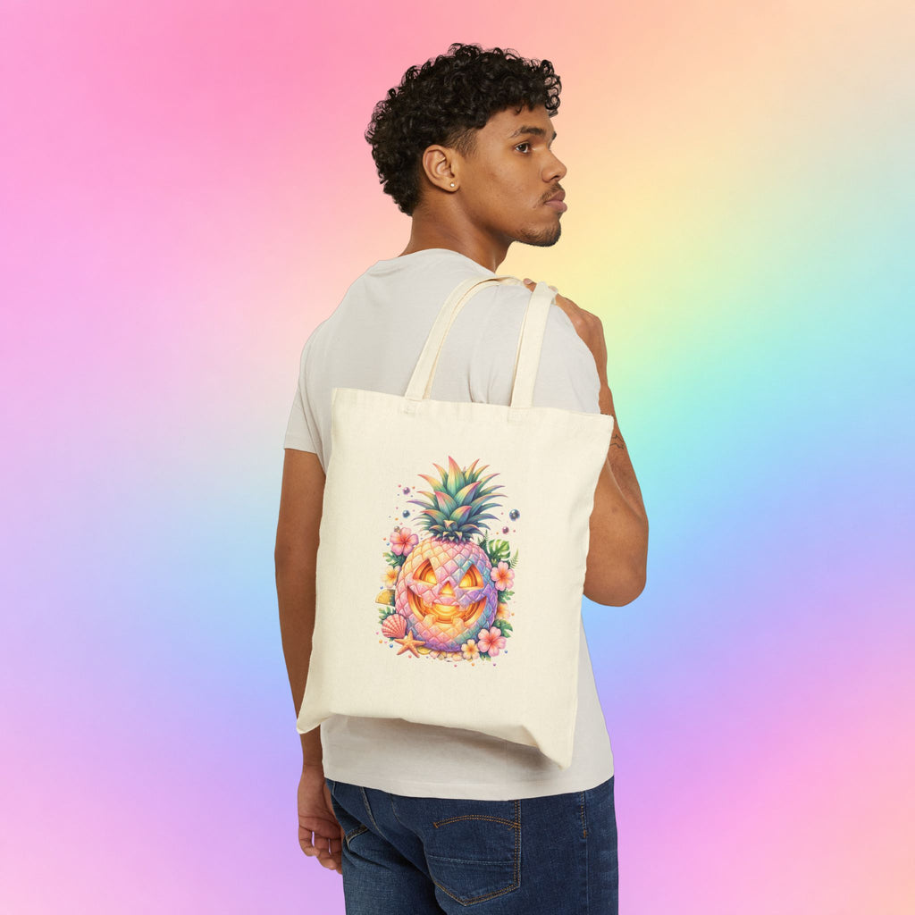 Summerween Pineapple Jack-O’-Lantern Canvas Tote Bag | Tropical Halloween Beach Bag