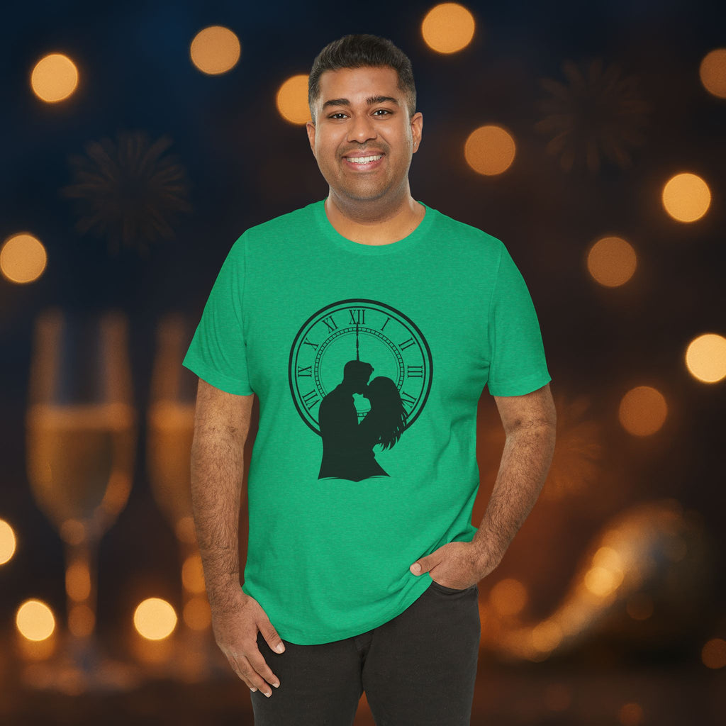 Midnight Kiss New Year’s Eve T-Shirt – Romantic Clock Silhouette Celebration Tee