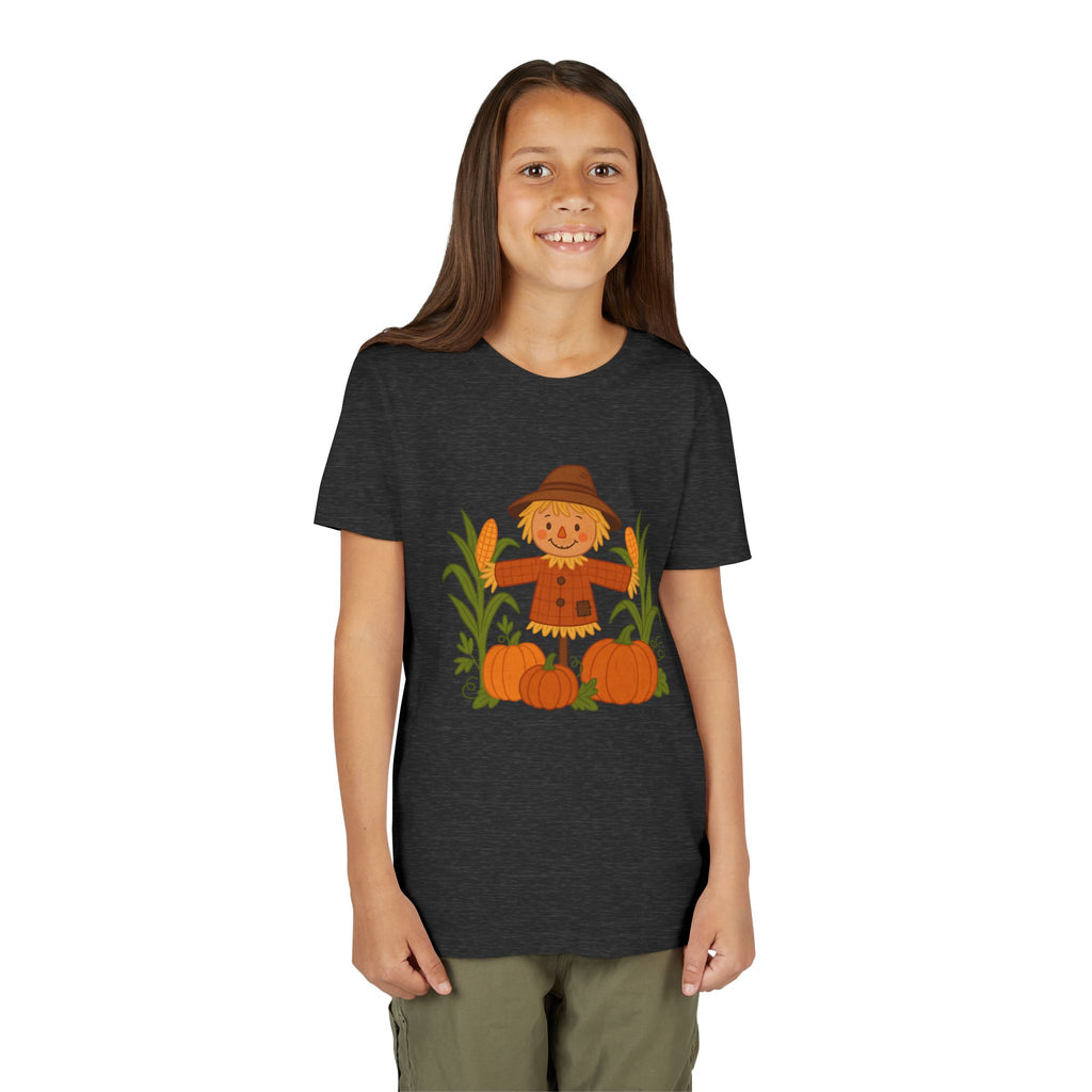 🍂 Cute Fall Scarecrow Kids T-Shirt – Autumn Pumpkins & Corn Patch Design