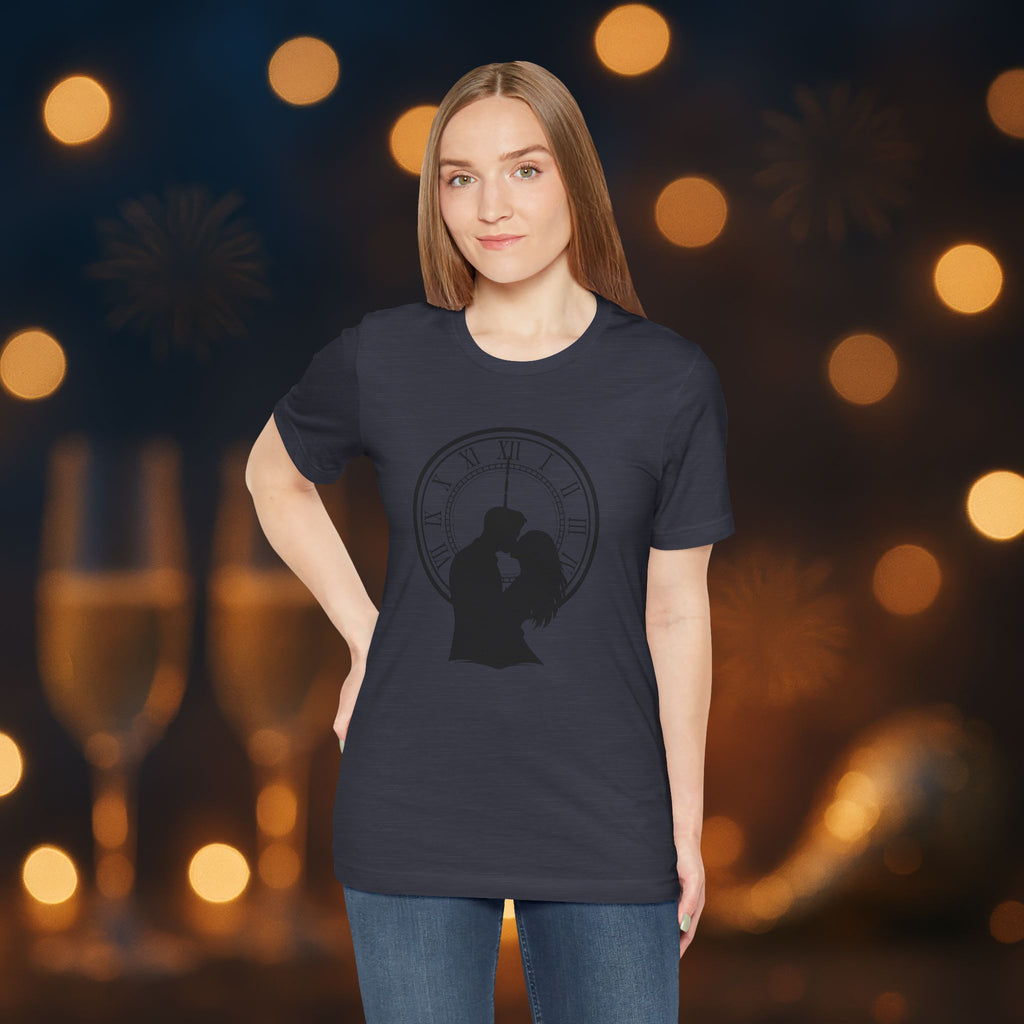Midnight Kiss New Year’s Eve T-Shirt – Romantic Clock Silhouette Celebration Tee