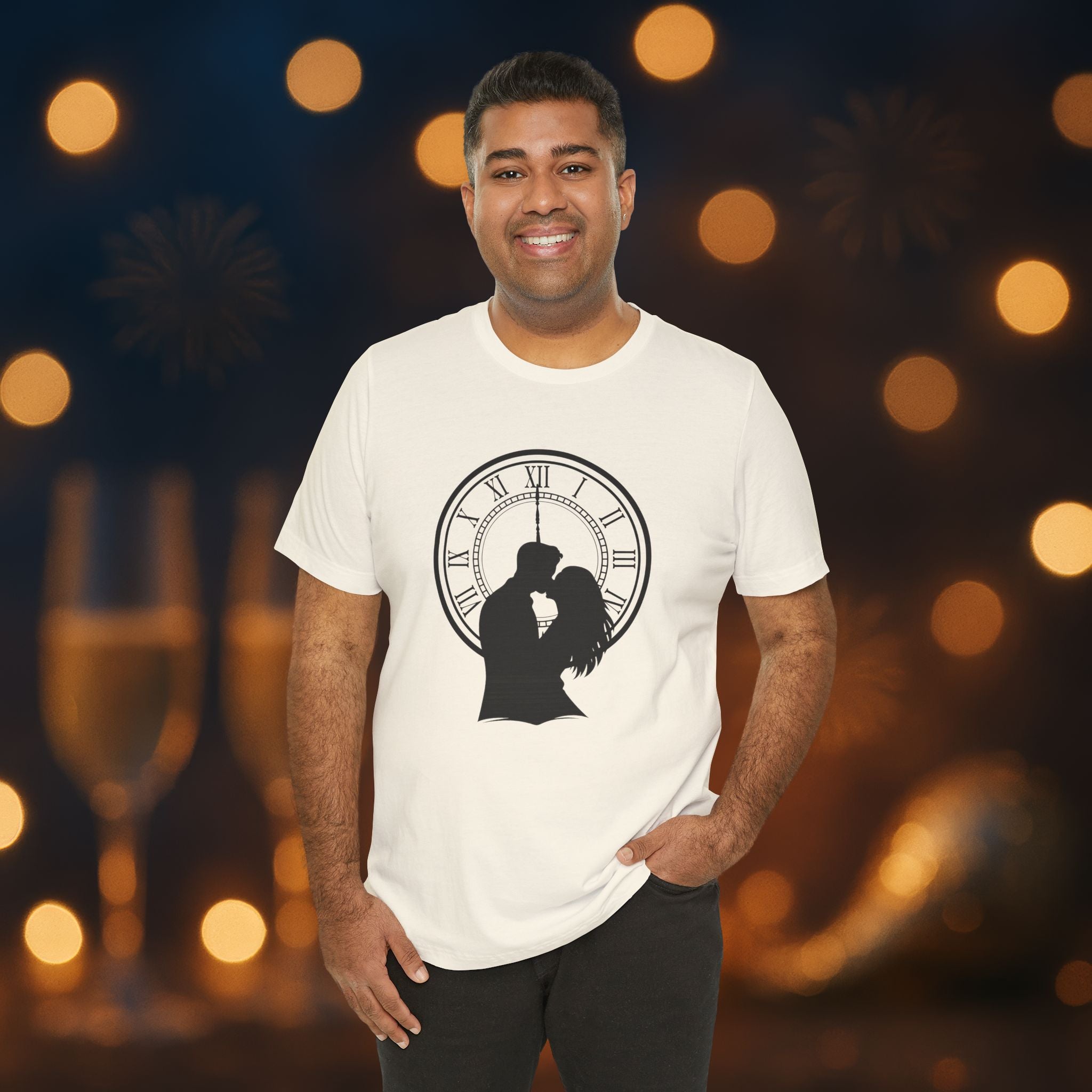 Midnight Kiss New Year’s Eve T-Shirt – Romantic Clock Silhouette Celebration Tee