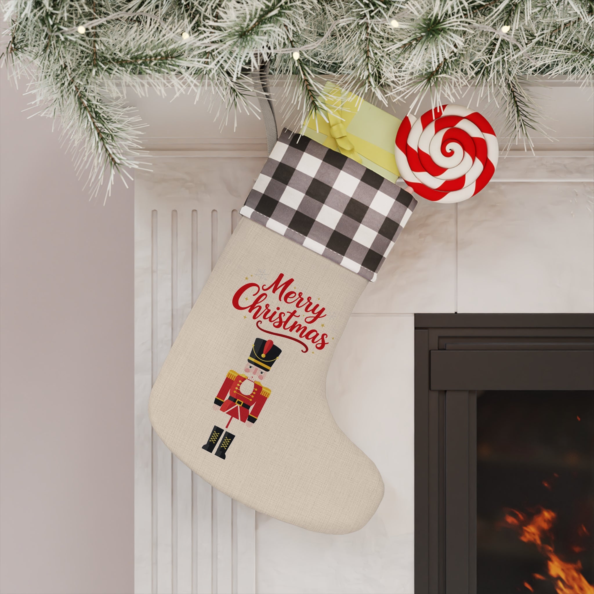Buffalo Plaid “Merry Christmas” Nutcracker Stocking – Classic Holiday Decor