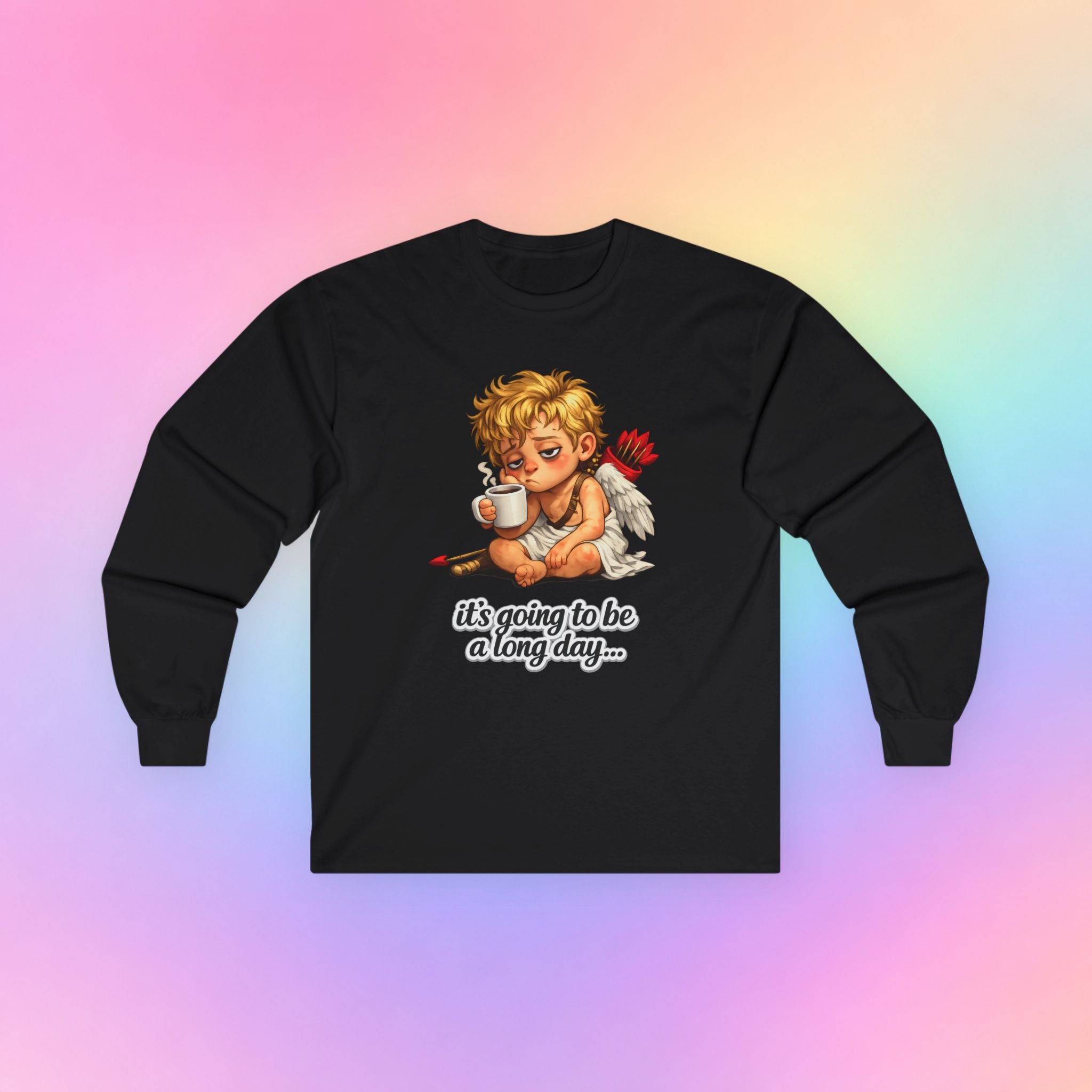 It’s Going to Be a Long Day Cupid Long Sleeve Shirt – Funny Valentine’s Day Coffee Angel Tee