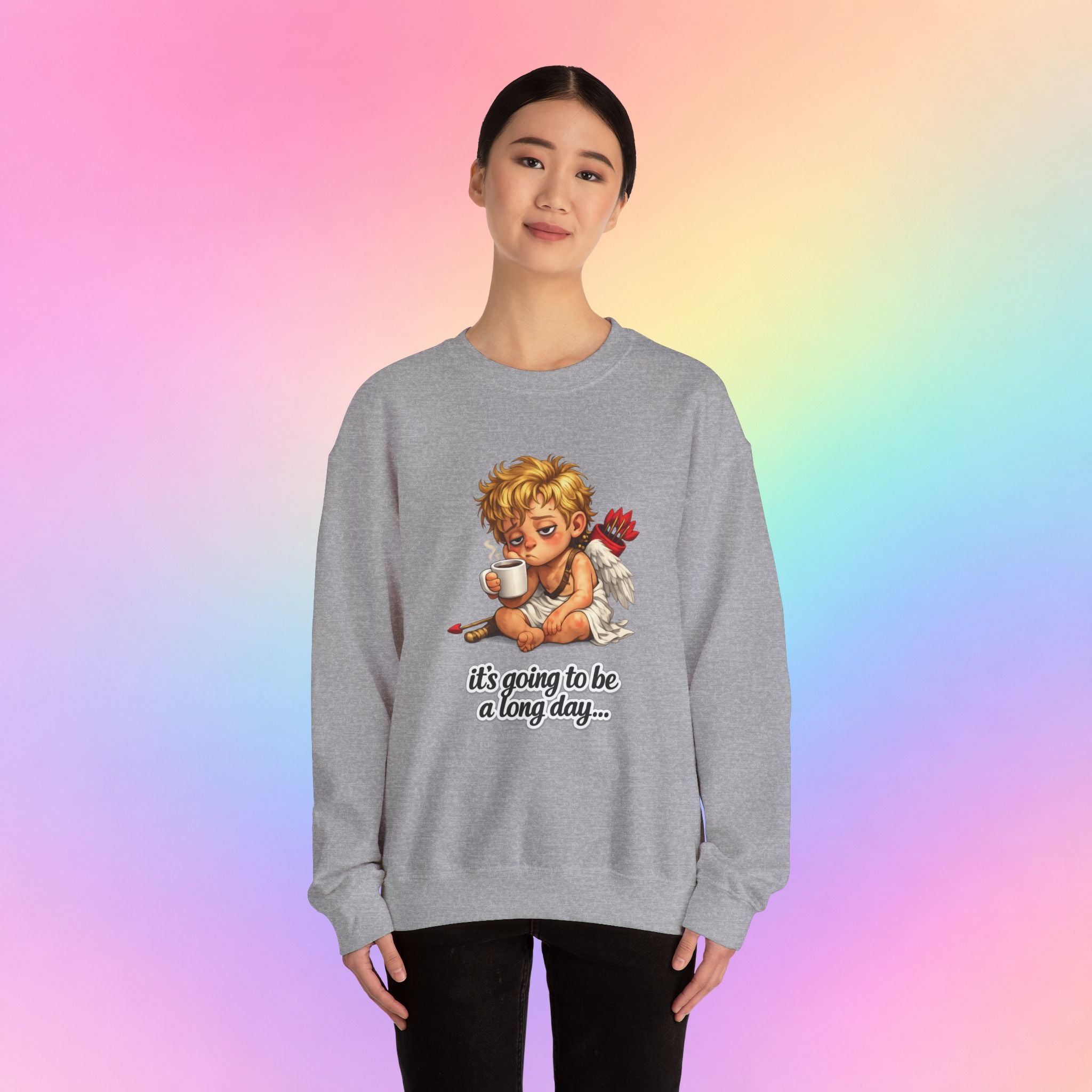 It’s Going to Be a Long Day Cupid Valentine’s Day Sweatshirt – Funny Coffee Angel Pullover