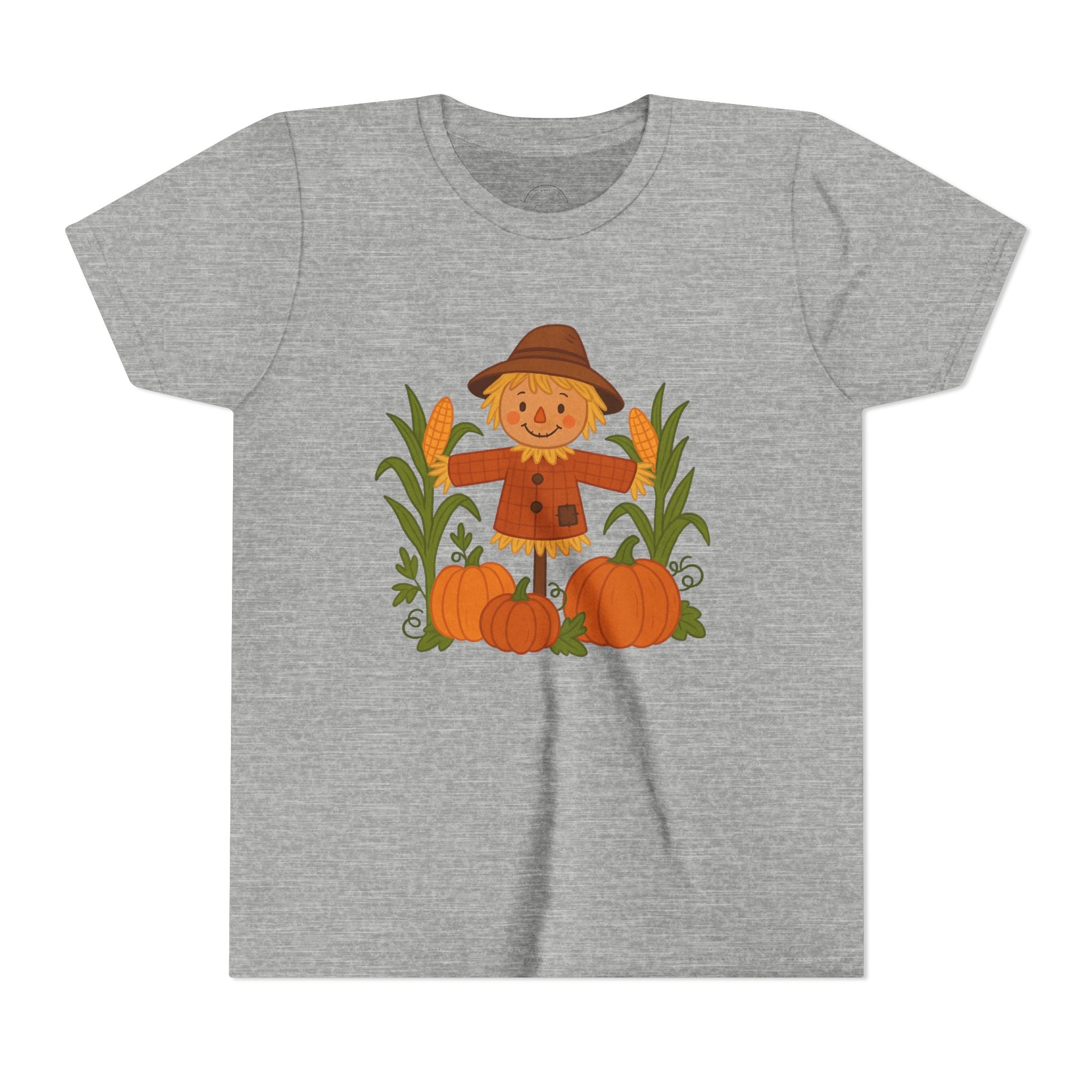 🍂 Cute Fall Scarecrow Kids T-Shirt – Autumn Pumpkins & Corn Patch Design