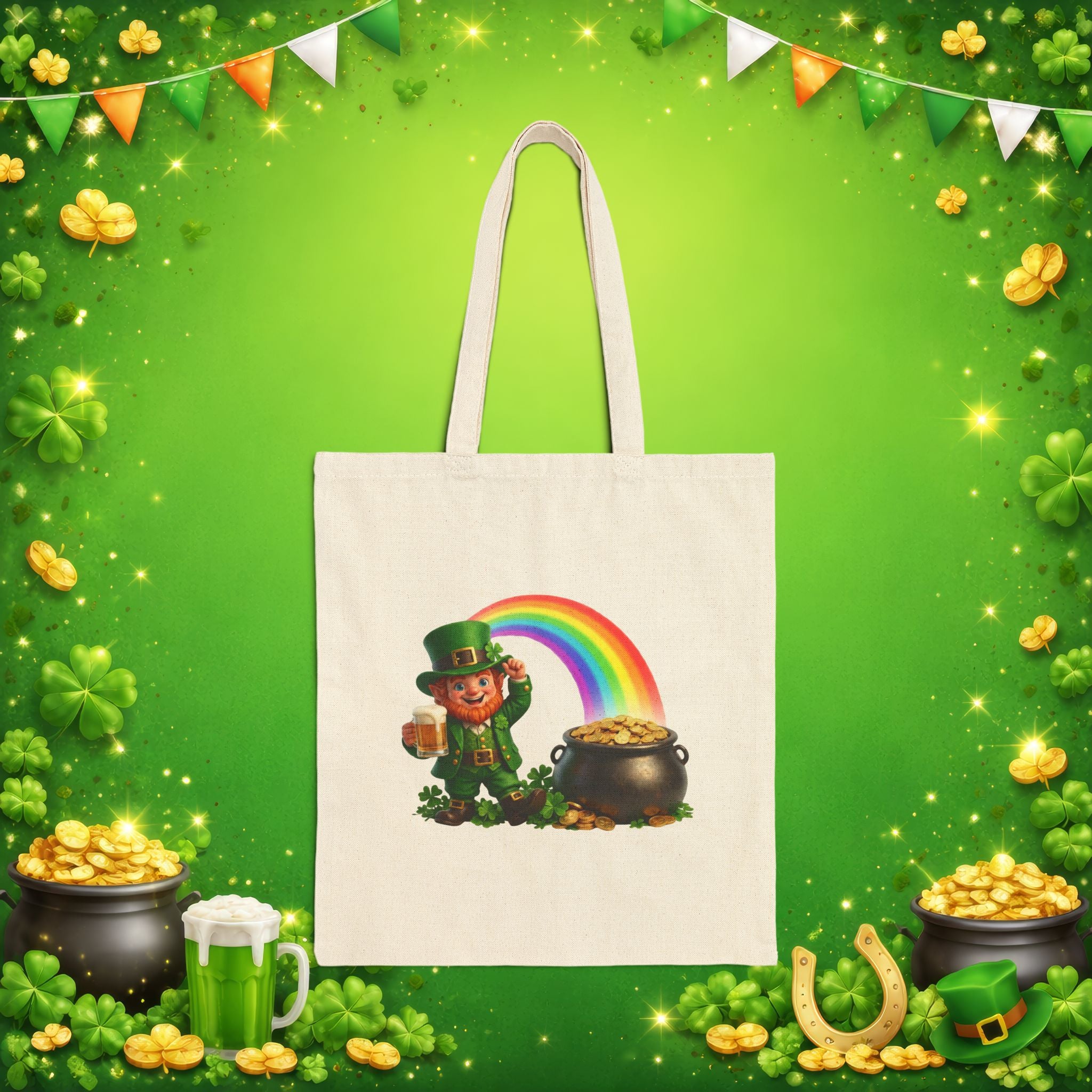 Lucky Leprechaun Rainbow Gold St. Patrick’s Day Canvas Tote Bag | Irish Shamrock Carryall