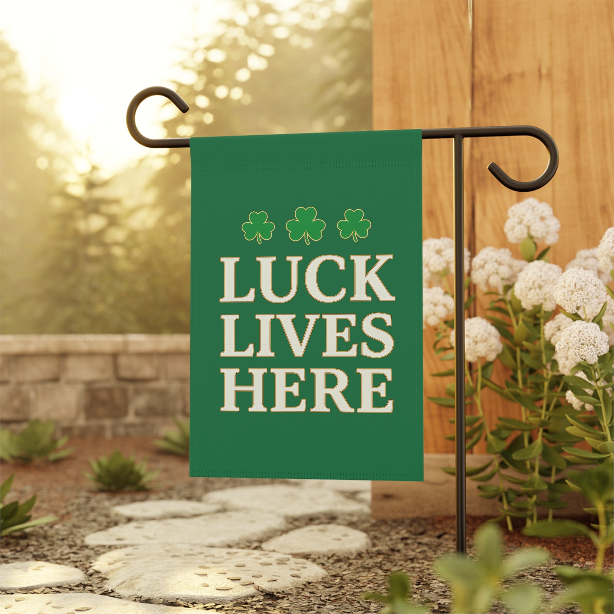 Luck Lives Here Garden Flag – St. Patrick’s Day Shamrock Yard Decor – Irish Holiday Outdoor House Flag