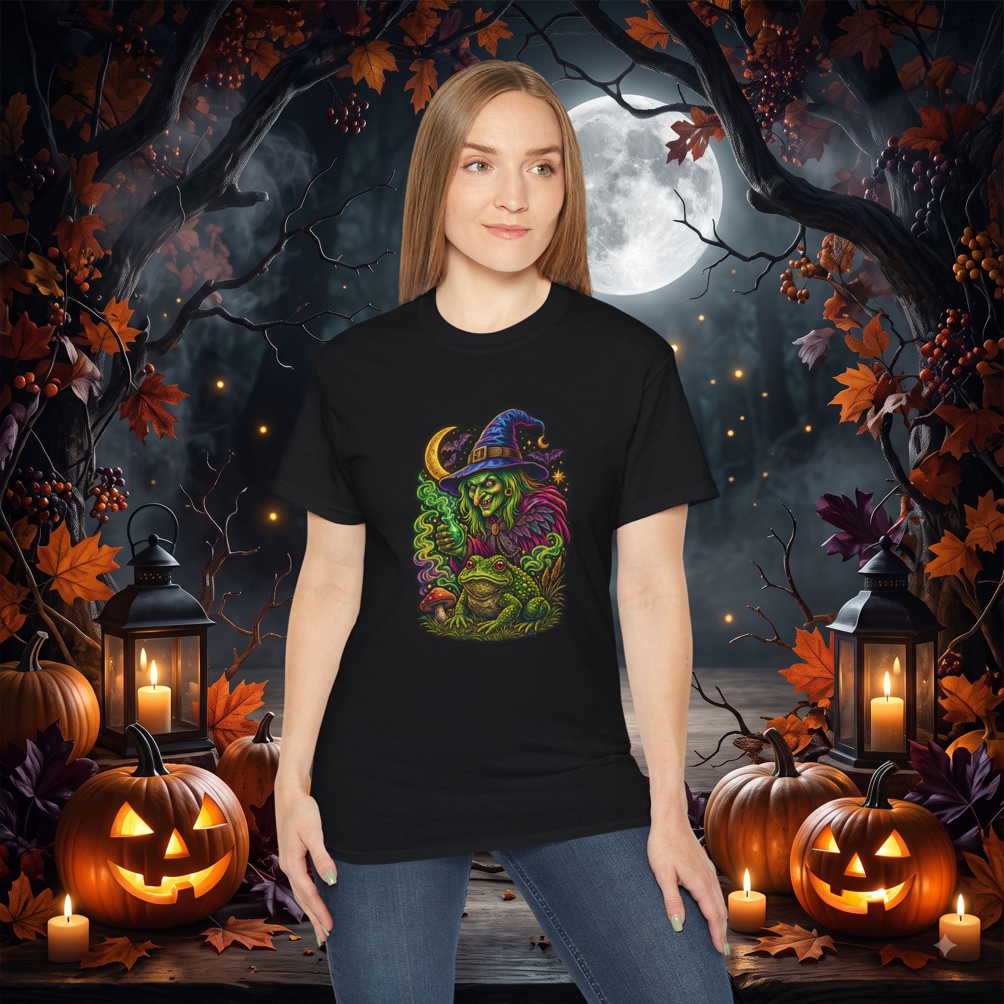 Neon Witch & Toad Halloween T-Shirt | Spooky Witchcraft Tee