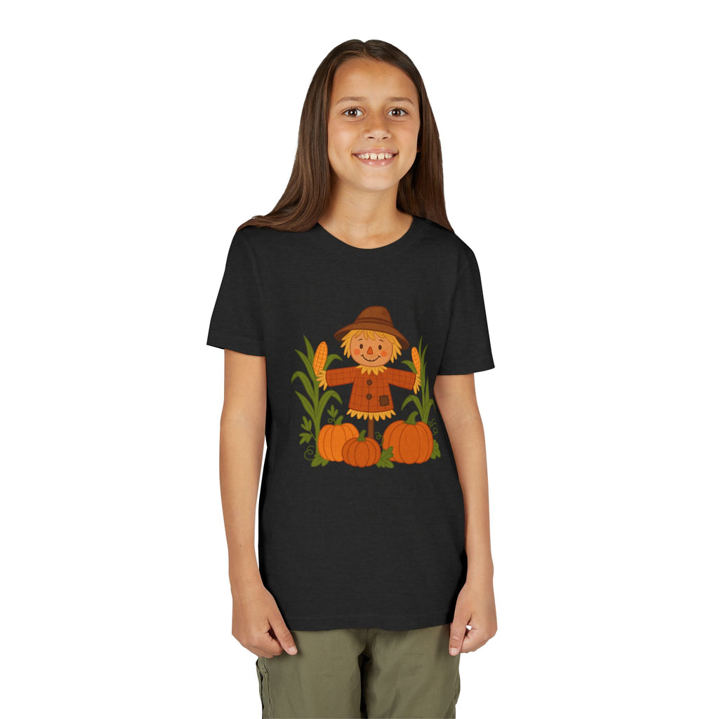 🍂 Cute Fall Scarecrow Kids T-Shirt – Autumn Pumpkins & Corn Patch Design