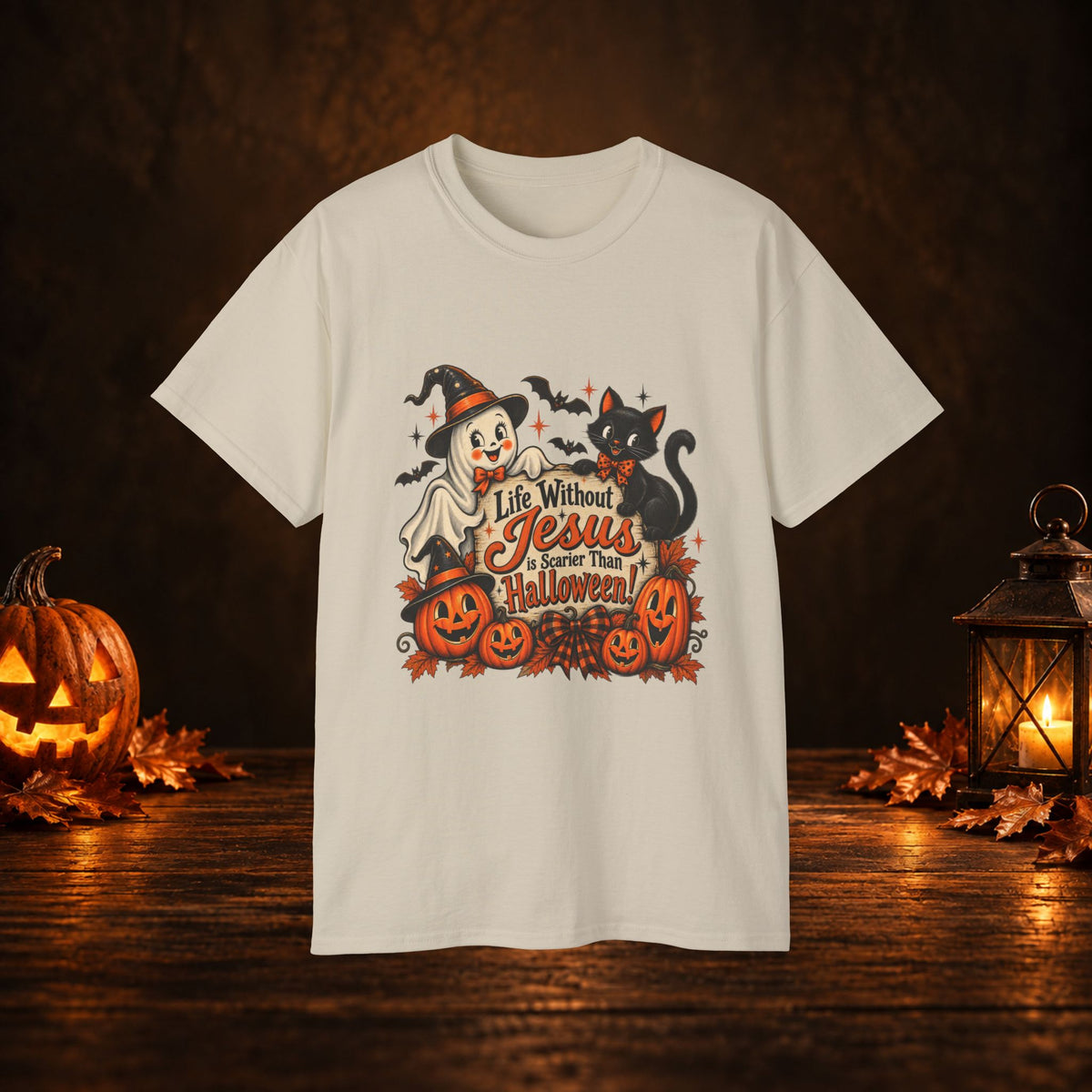 Halloween Christian T-Shirt — “Life Without Jesus Is Scary” Pumpkin & Cat Tee