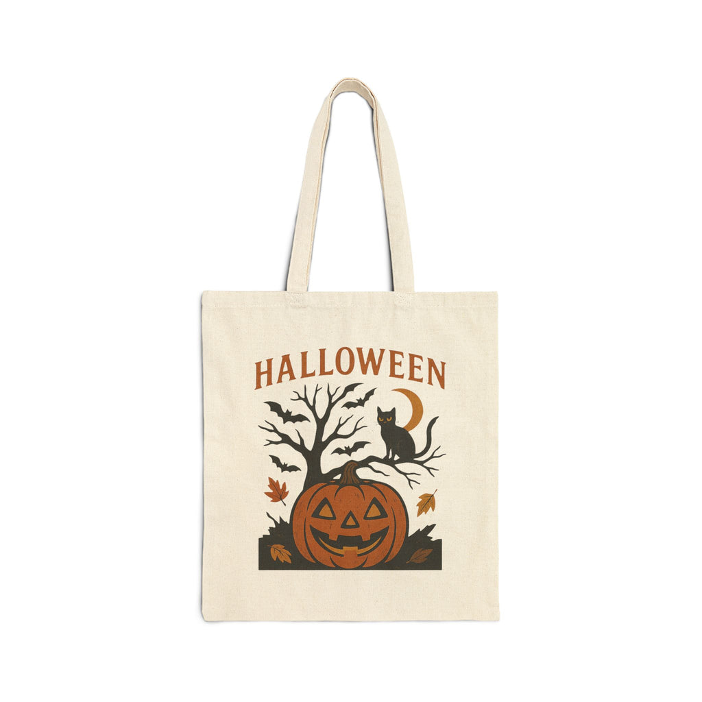 Halloween Pumpkin & Black Cat Canvas Tote Bag – Spooky Fall Trick-or-Treat Bag