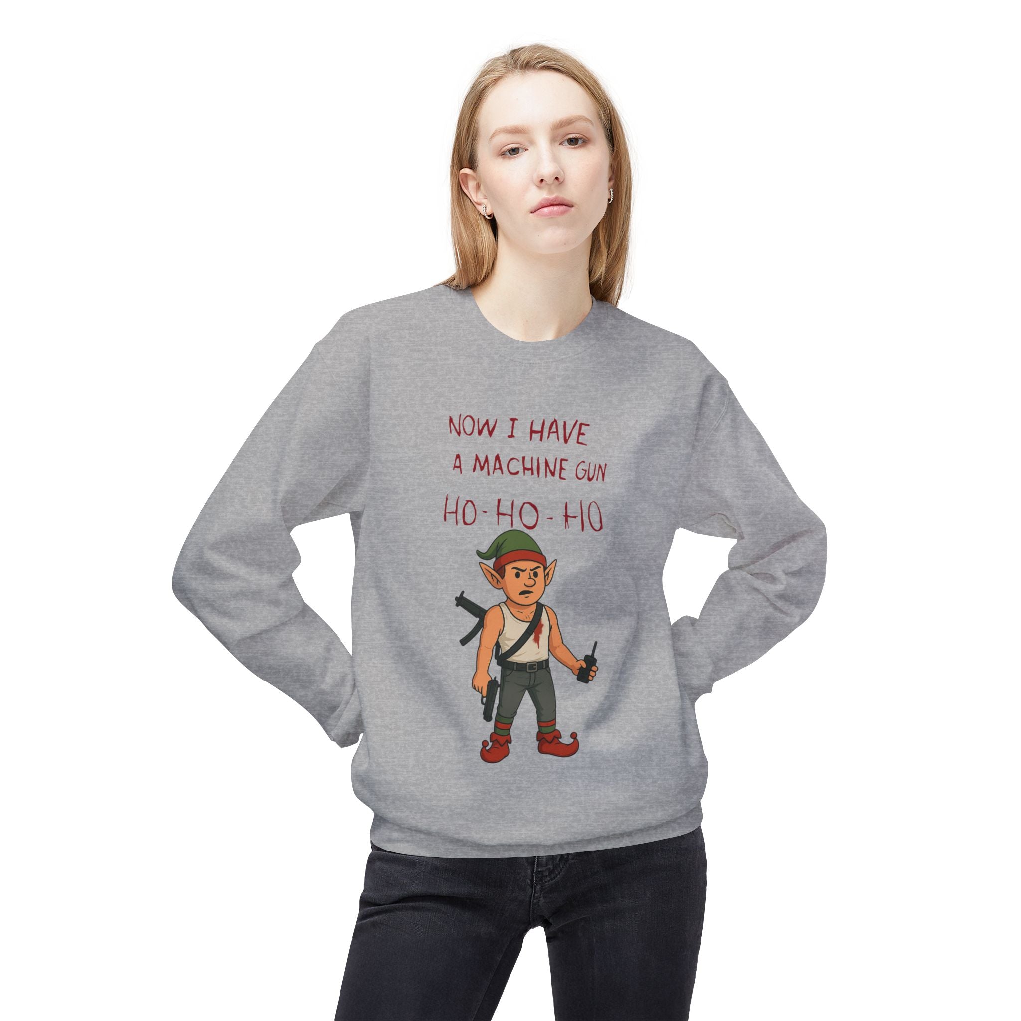 "Ho Ho Ho Machine Gun Elf Christmas Sweatshirt – Funny Die Hard Inspired Holiday Design"