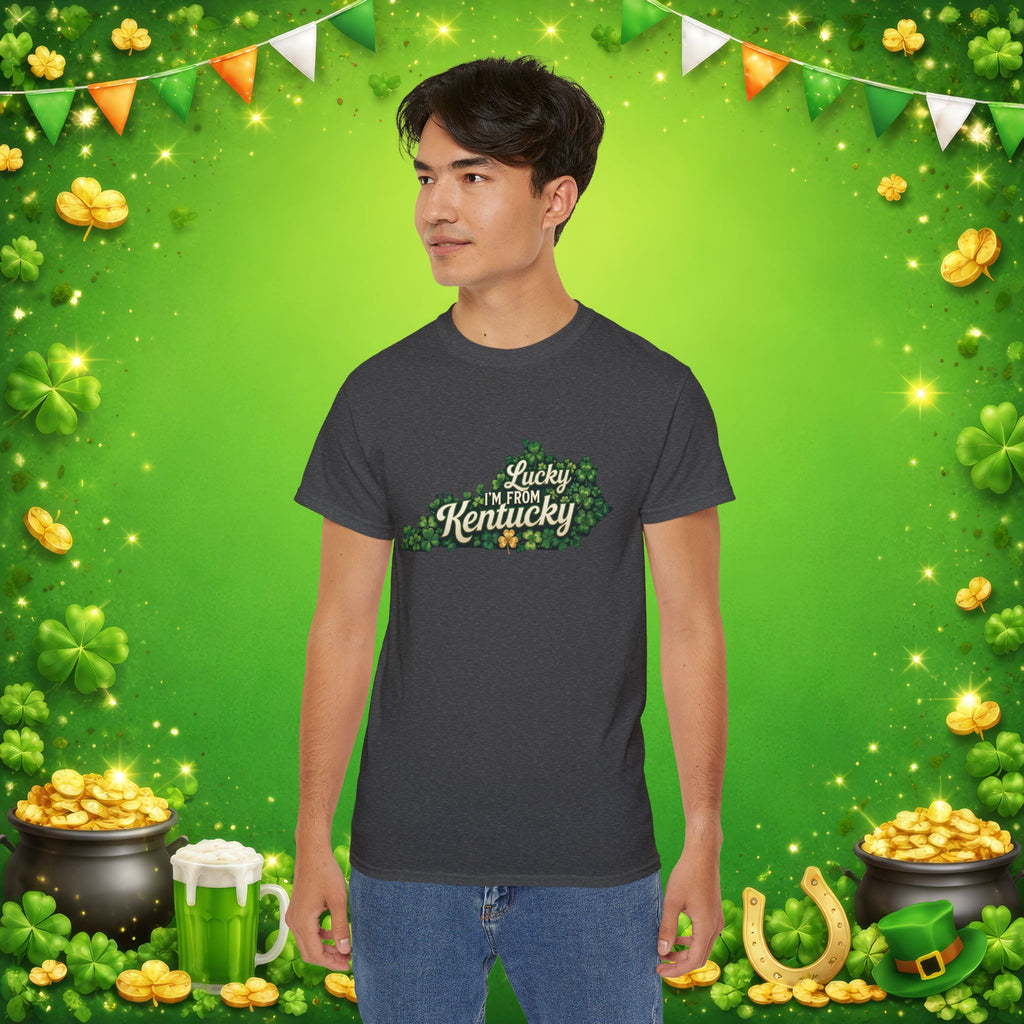 Lucky I’m From Kentucky T-Shirt – St. Patrick’s Day Shamrock Kentucky Shirt – Irish Bluegrass Pride Graphic Tee