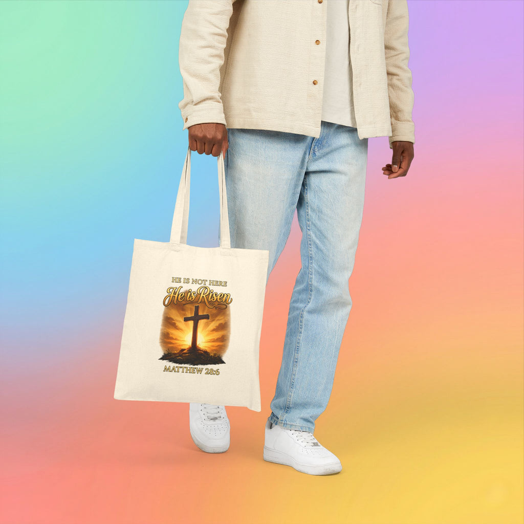 Christian Easter Tote Bag – He Is Risen Matthew 28:6 Cotton Canvas Bag Religious Cross Faith Gift