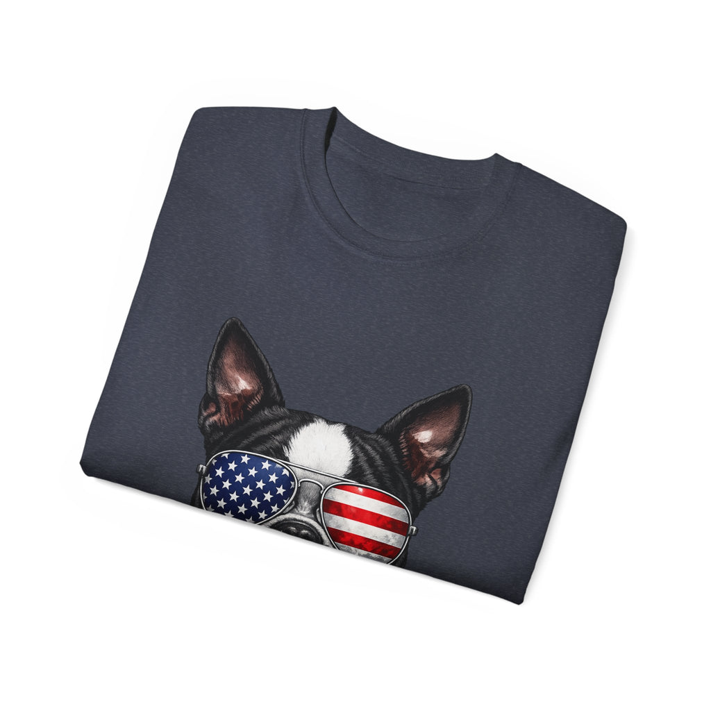 Patriotic Boston Terrier 4th of July T-Shirt | American Flag Dog Sunglasses Tee