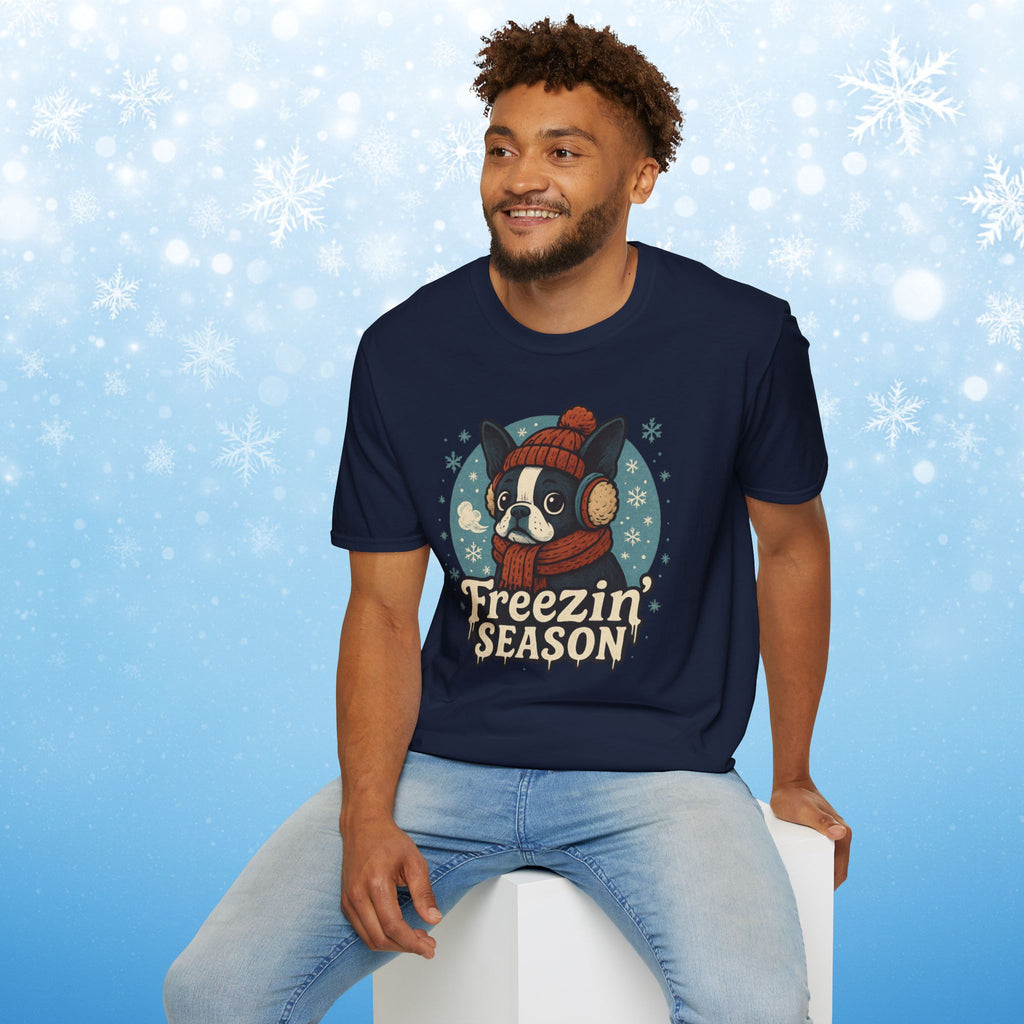 Freezin’ Season Boston Terrier Winter T-Shirt – Cute Dog Lover Tee, Cozy Holiday Graphic Shirt