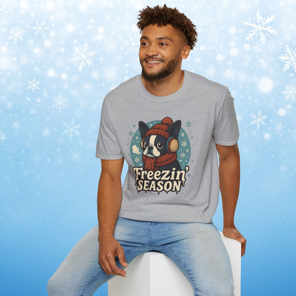 Freezin’ Season Boston Terrier Winter T-Shirt – Cute Dog Lover Tee, Cozy Holiday Graphic Shirt