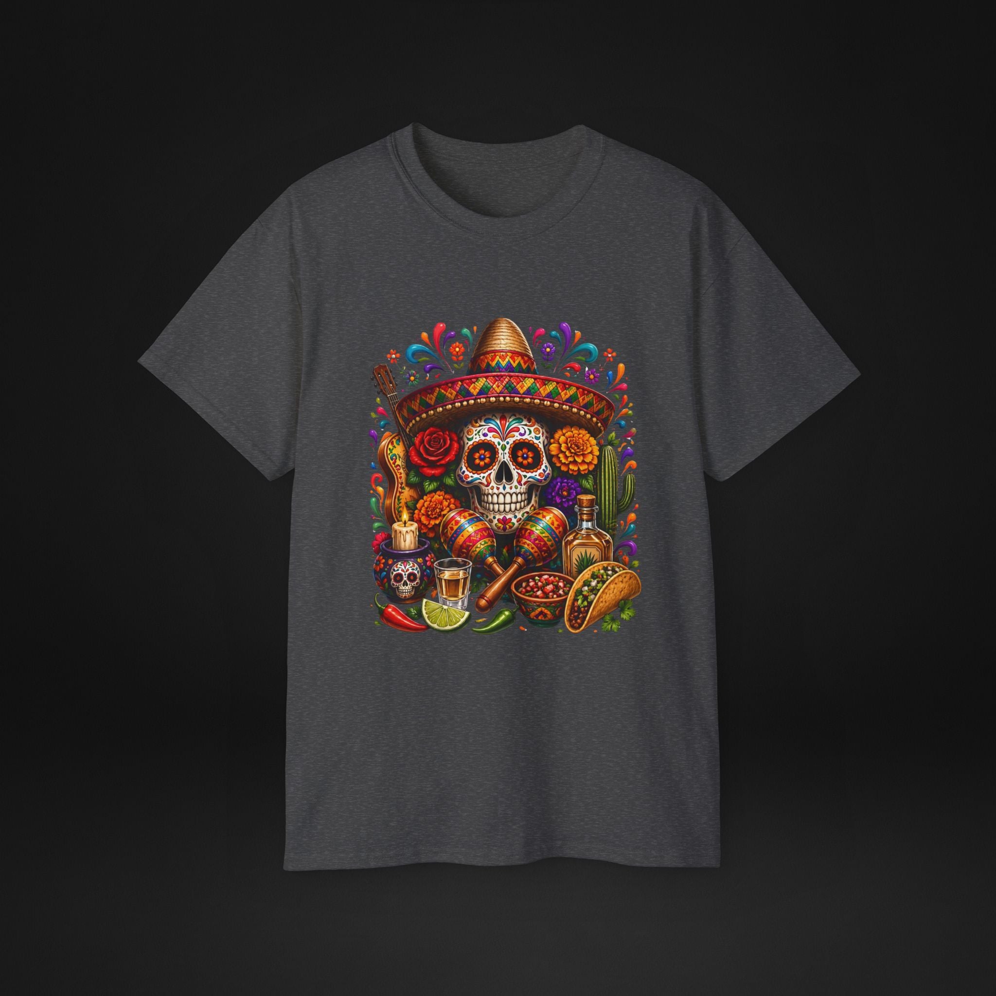 Cinco de Mayo Sugar Skull T-Shirt – Fiesta Sombrero Taco & Tequila Graphic Tee