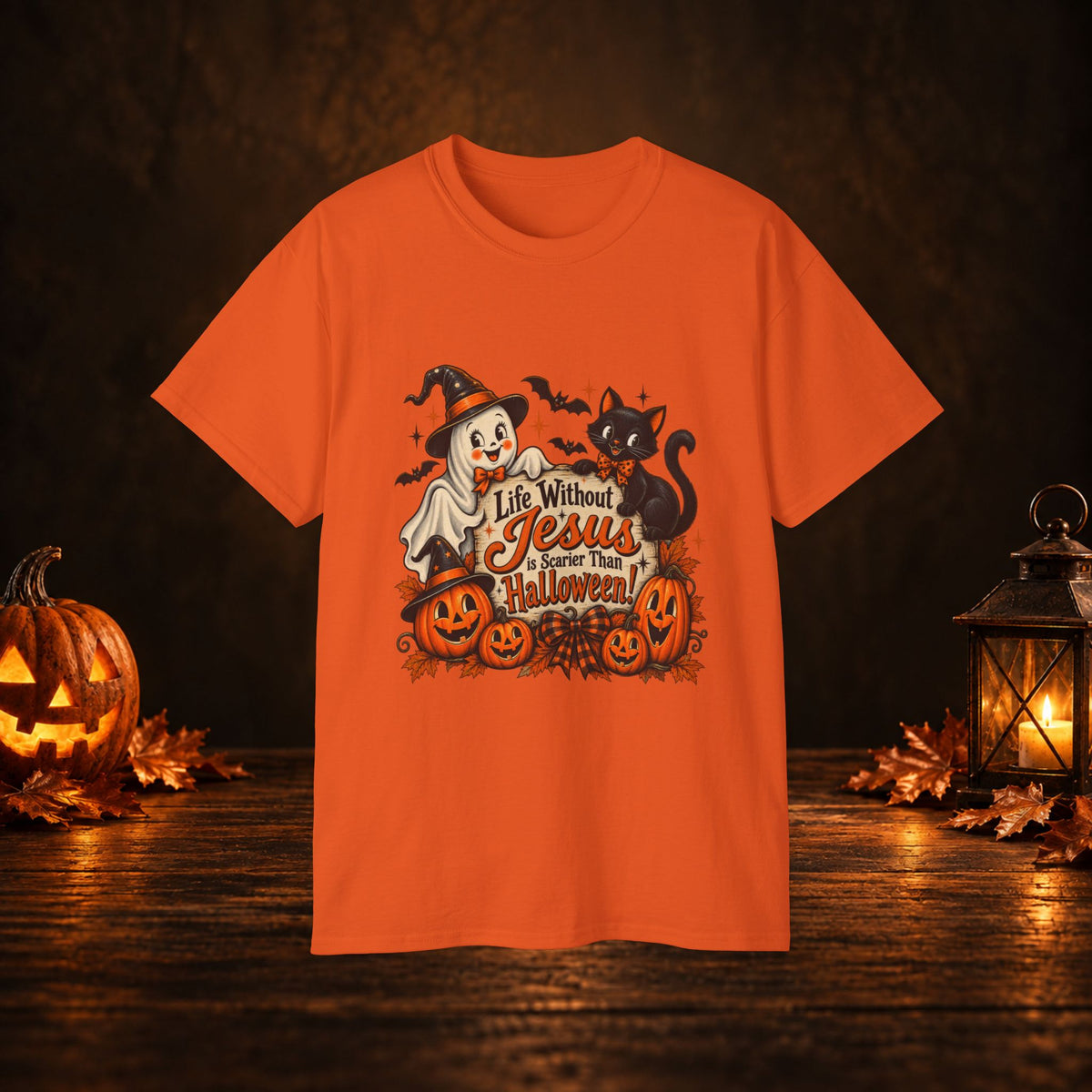 Halloween Christian T-Shirt — “Life Without Jesus Is Scary” Pumpkin & Cat Tee